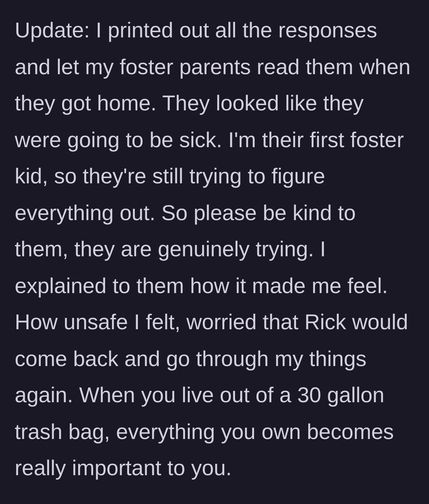 Story part 6 - In an update, the teen prints out internet comments to show her horrified, first-time foster parents how she felt.