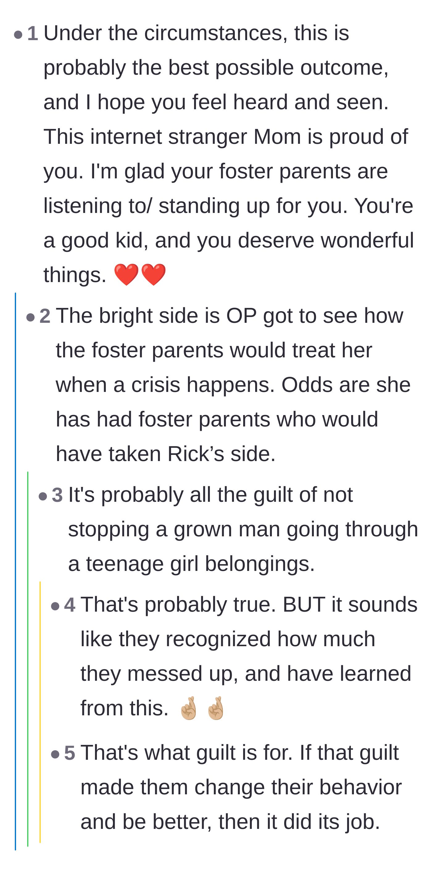 Comment thread 3 - Discussion about how the foster parents' guilt fueled their aggressive defense of the teen later on.