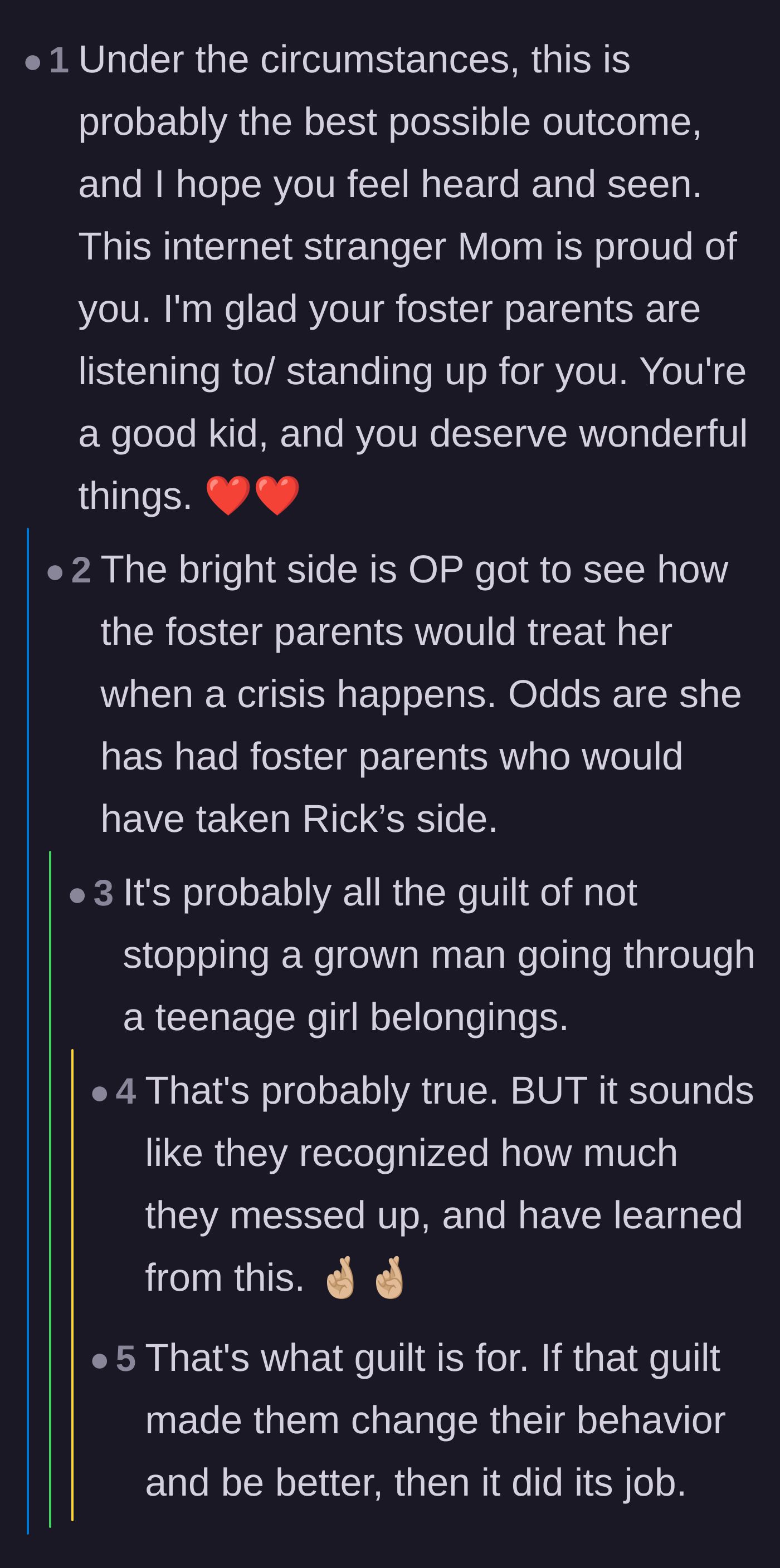 Comment thread 3 - Discussion about how the foster parents' guilt fueled their aggressive defense of the teen later on.