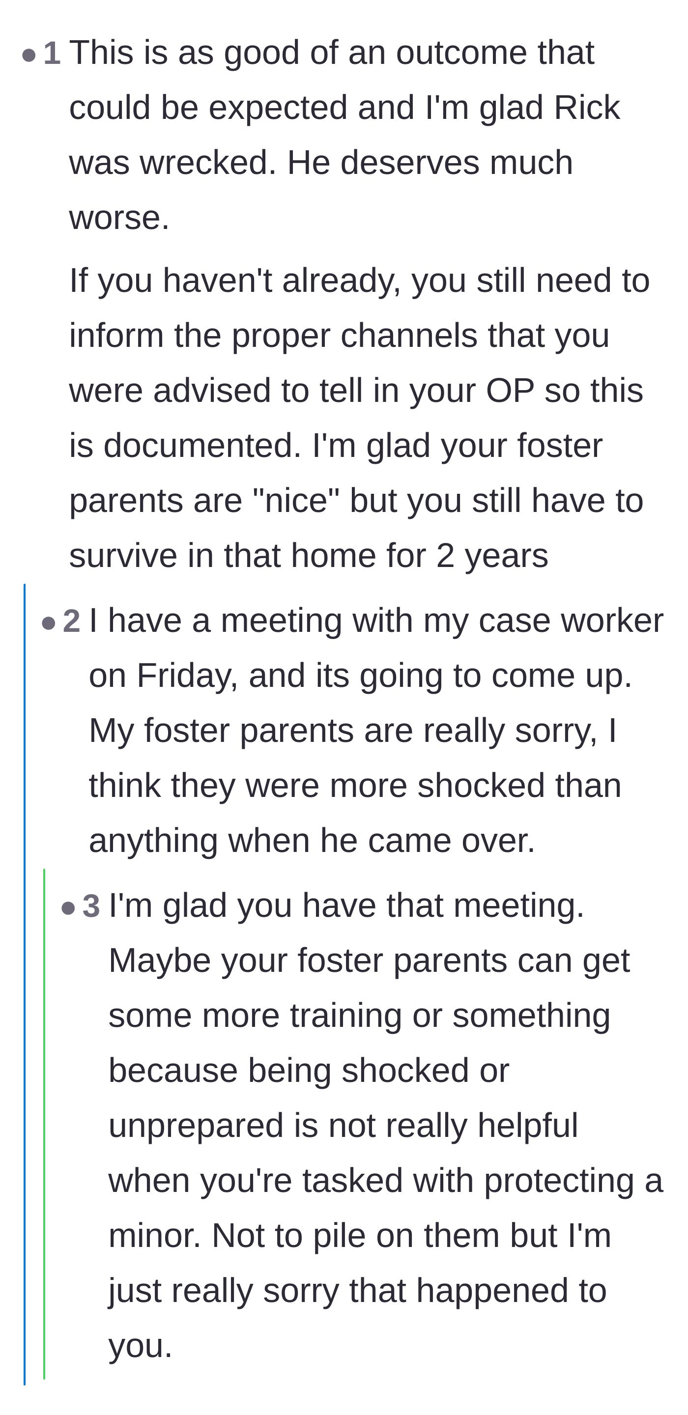 Comment thread 5 - A reminder to report the incident to her caseworker, with the teen confirming she has a meeting on Friday.
