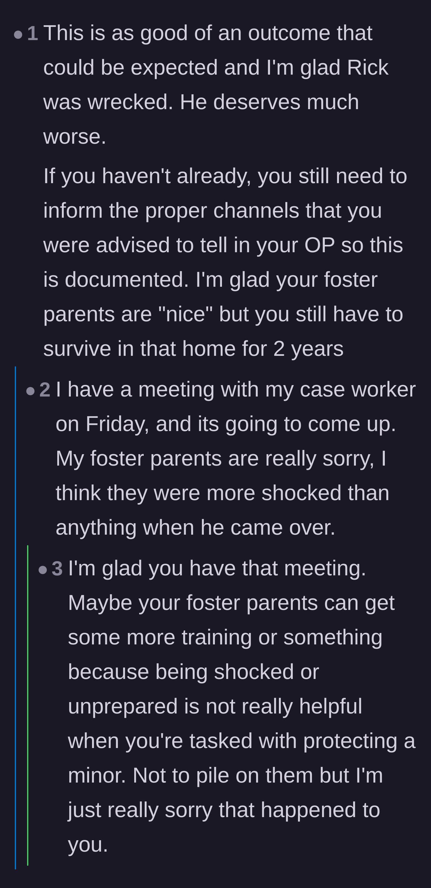 Comment thread 5 - A reminder to report the incident to her caseworker, with the teen confirming she has a meeting on Friday.