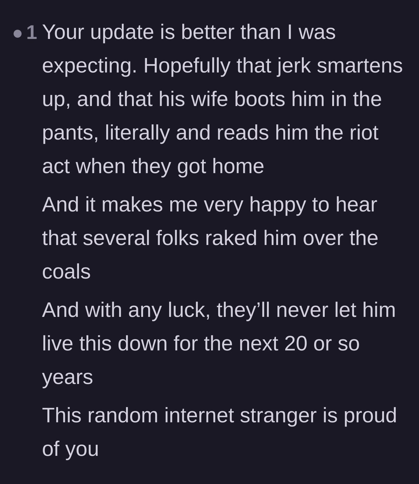 Comment thread 6 - Excitement over the extended family calling out the uncle and hoping he never lives it down.