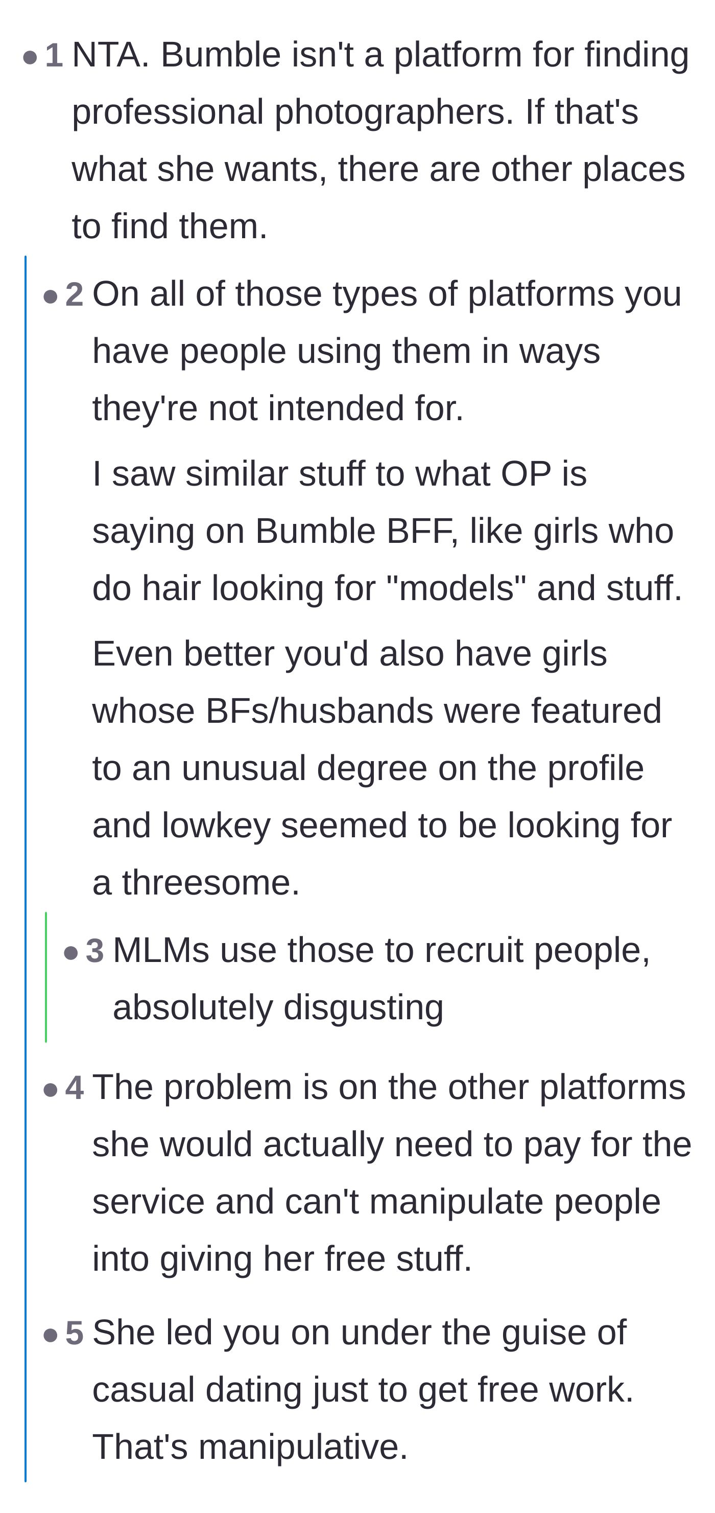 Comment thread 1 - Discussion about how people misuse dating apps to get free services or push MLMs instead of paying professionals.