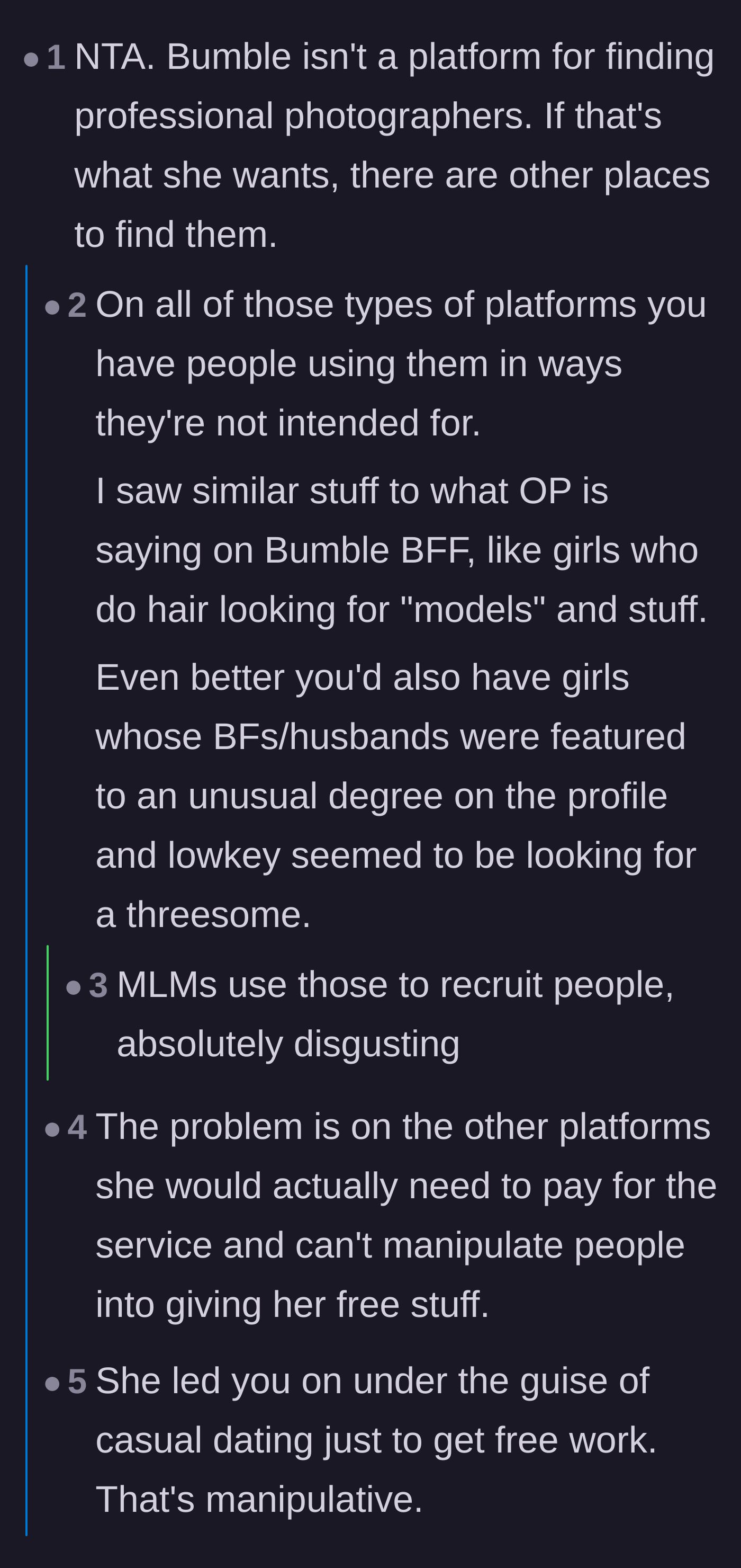 Comment thread 1 - Discussion about how people misuse dating apps to get free services or push MLMs instead of paying professionals.