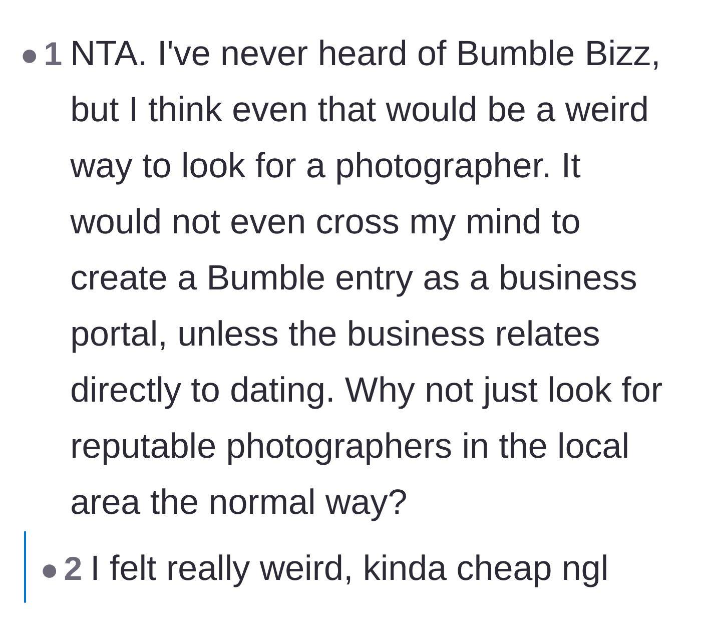 Comment thread 3 - Commentary on why looking for a business service on a dating app is bizarre, with the photographer admitting it made him feel cheap.