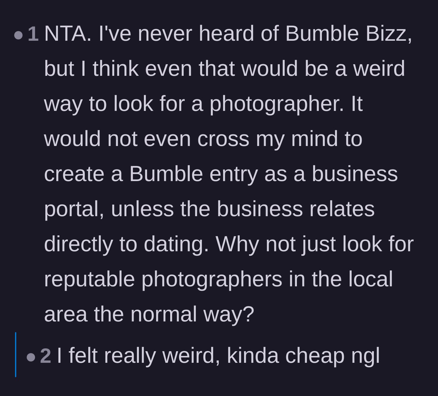 Comment thread 3 - Commentary on why looking for a business service on a dating app is bizarre, with the photographer admitting it made him feel cheap.