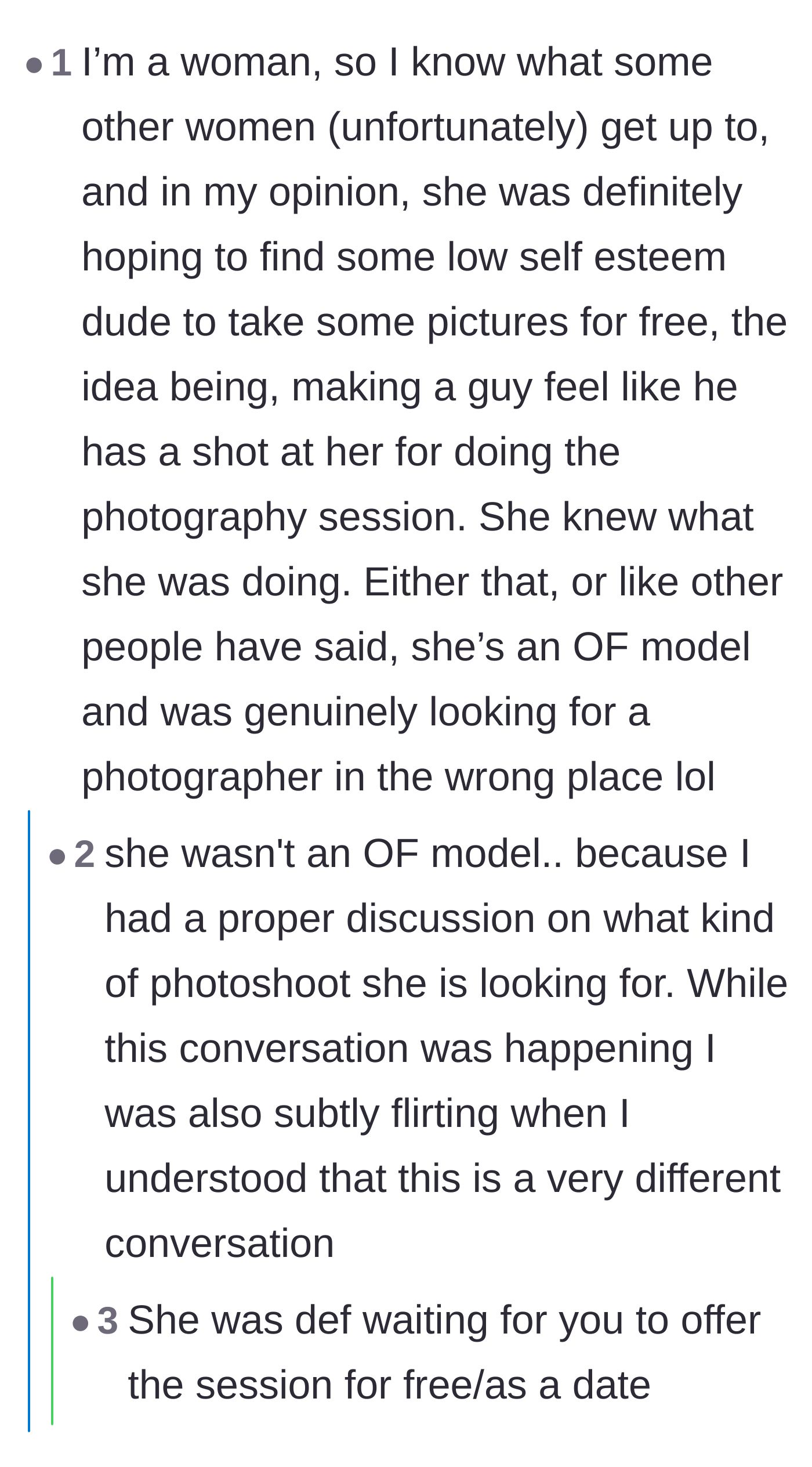 Comment thread 4 - A female commenter breaking down how the woman was likely dangling a date to trick a guy into giving her free photography.