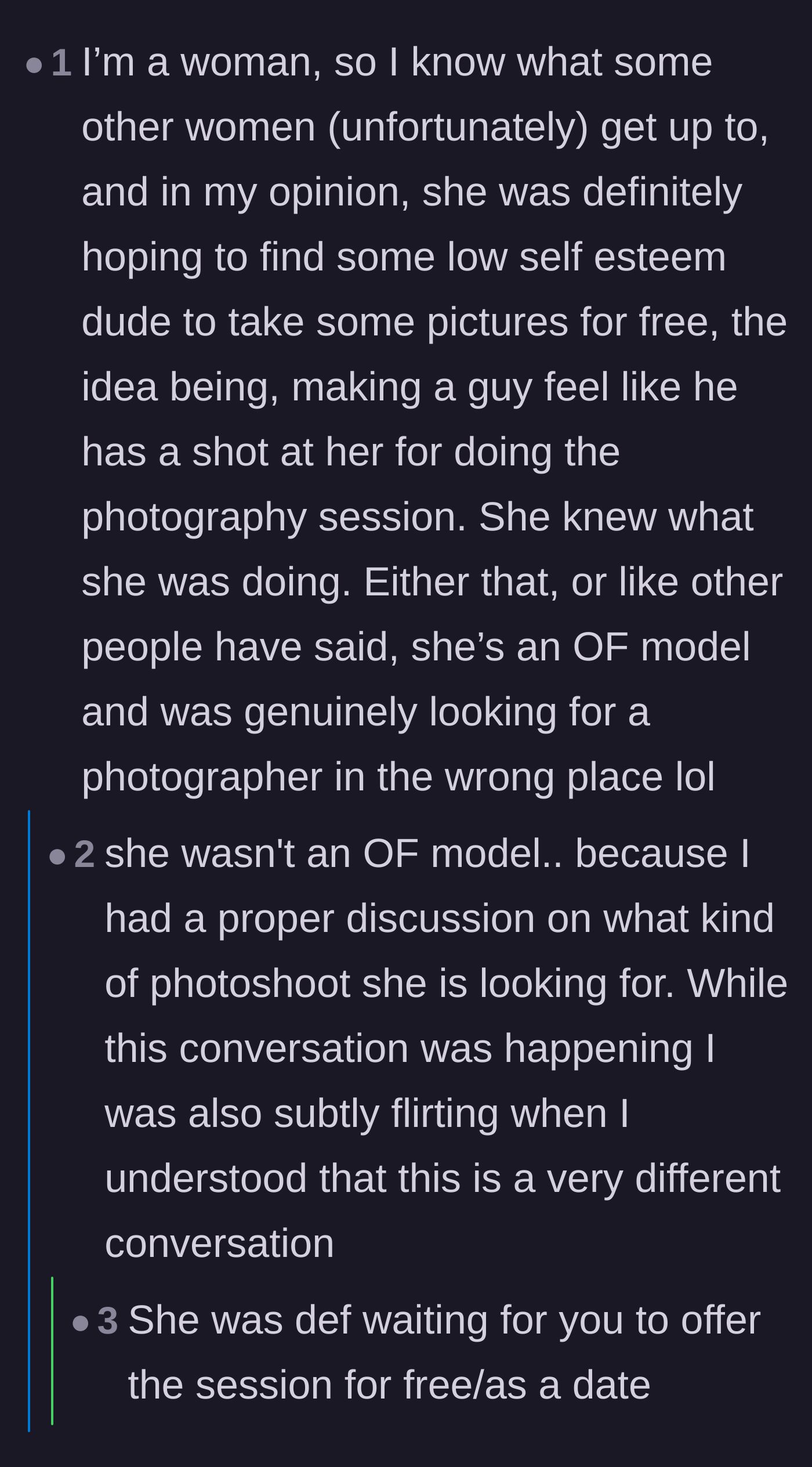 Comment thread 4 - A female commenter breaking down how the woman was likely dangling a date to trick a guy into giving her free photography.