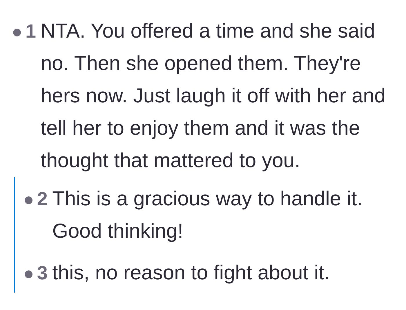 Comment thread 1 - Advice on politely telling the friend to just eat the snacks herself.