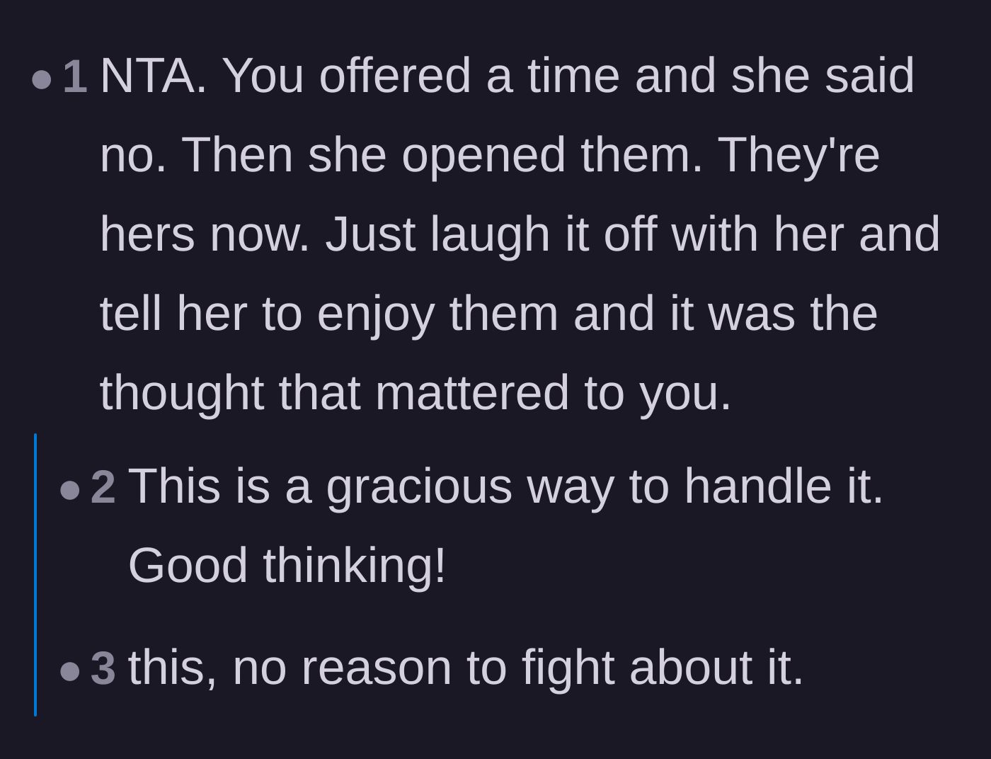 Comment thread 1 - Advice on politely telling the friend to just eat the snacks herself.