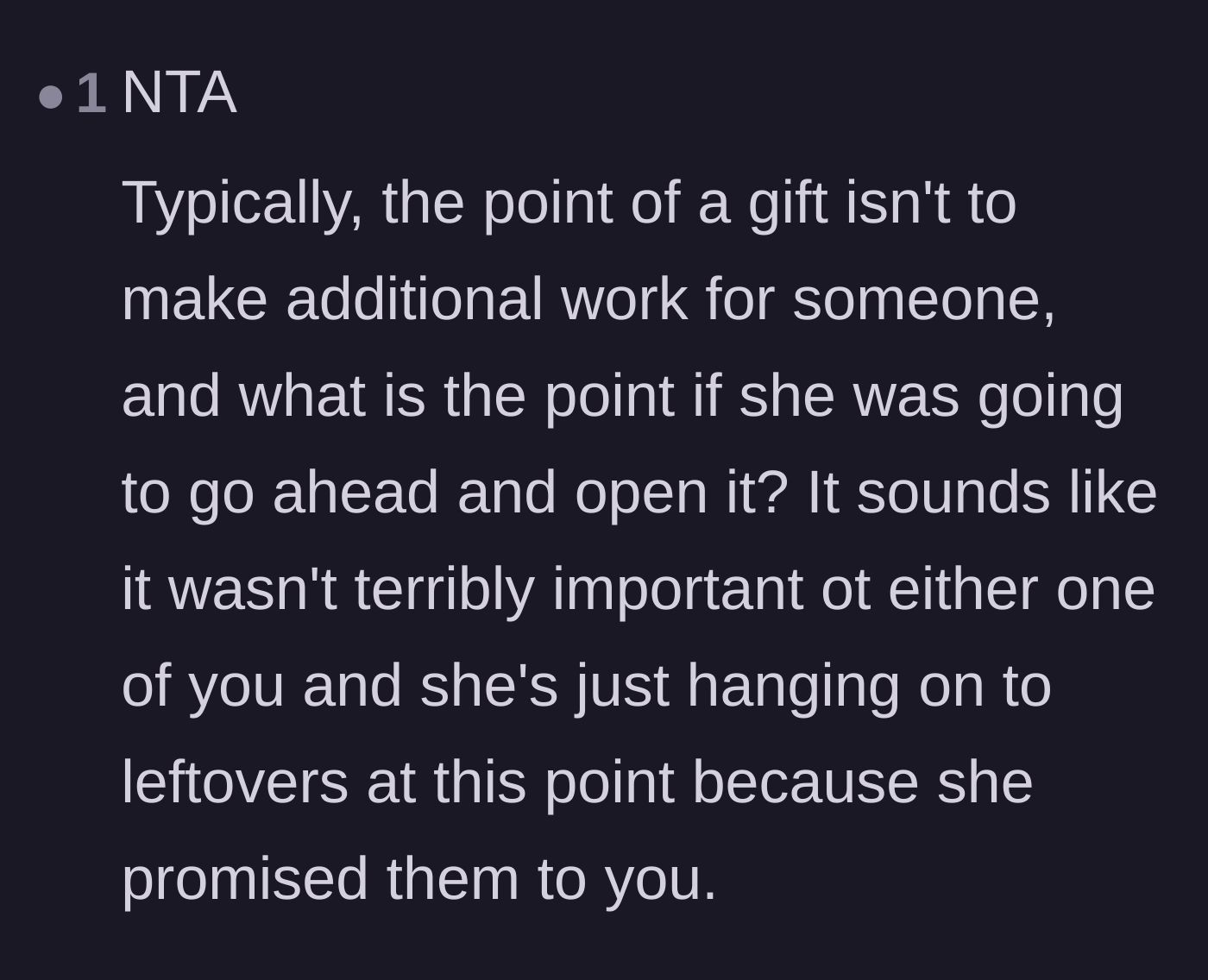 Comment thread 4 - Pointing out that a true gift shouldn't create extra work for the receiver.