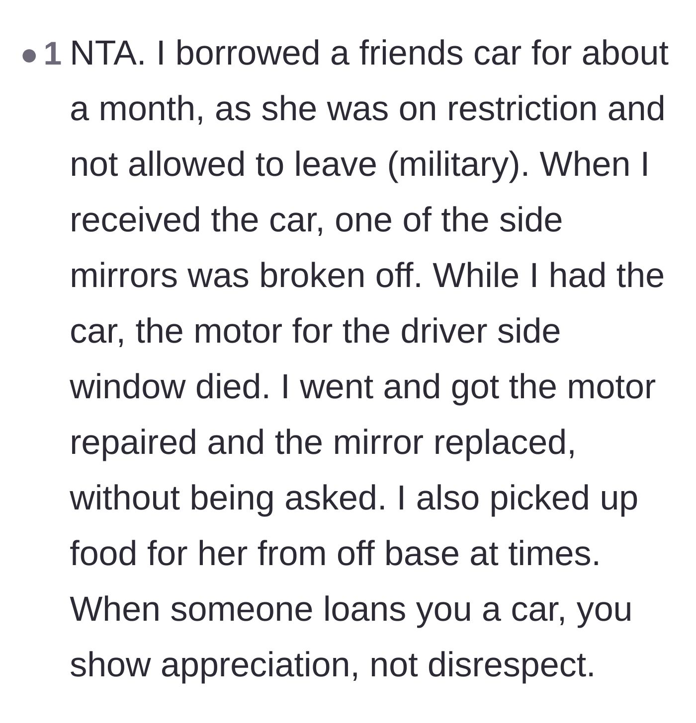 Comment thread 5 - A personal anecdote about going above and beyond to repair a borrowed car to show true appreciation.