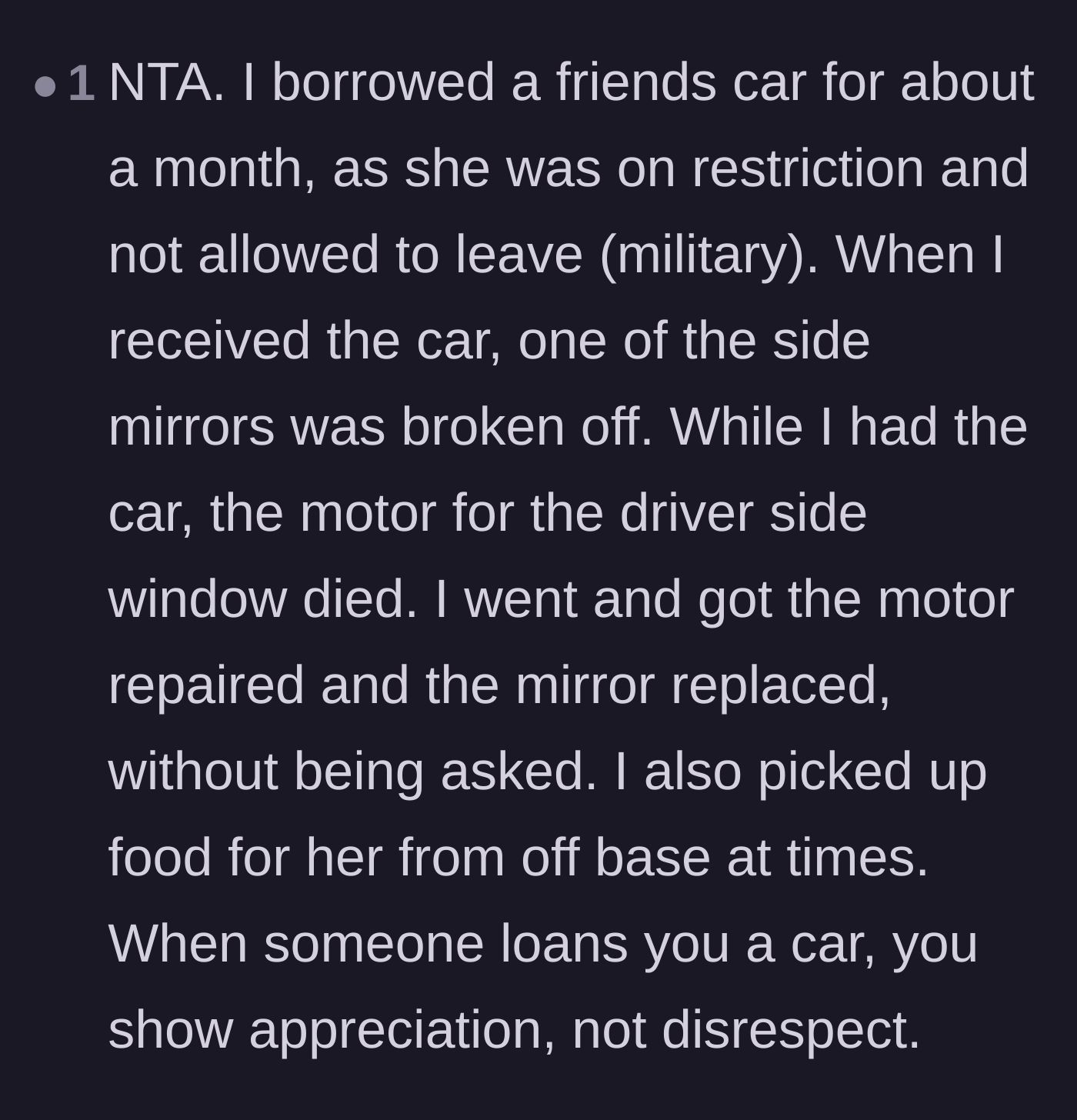 Comment thread 5 - A personal anecdote about going above and beyond to repair a borrowed car to show true appreciation.