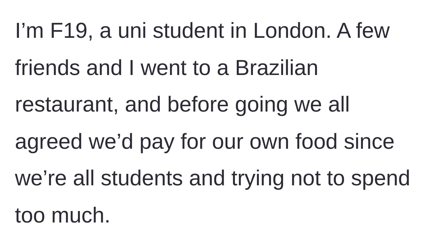 Story part 1 - A group of college students agreeing to pay separately before a group dinner.