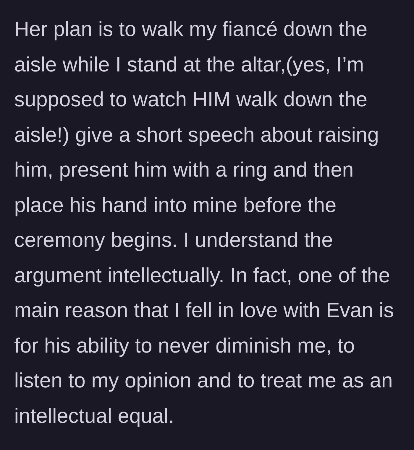Story part 2 - The mother-in-law's elaborate plan where the bride waits at the altar while the mother walks the groom down, gives a speech, and presents him with a ring.