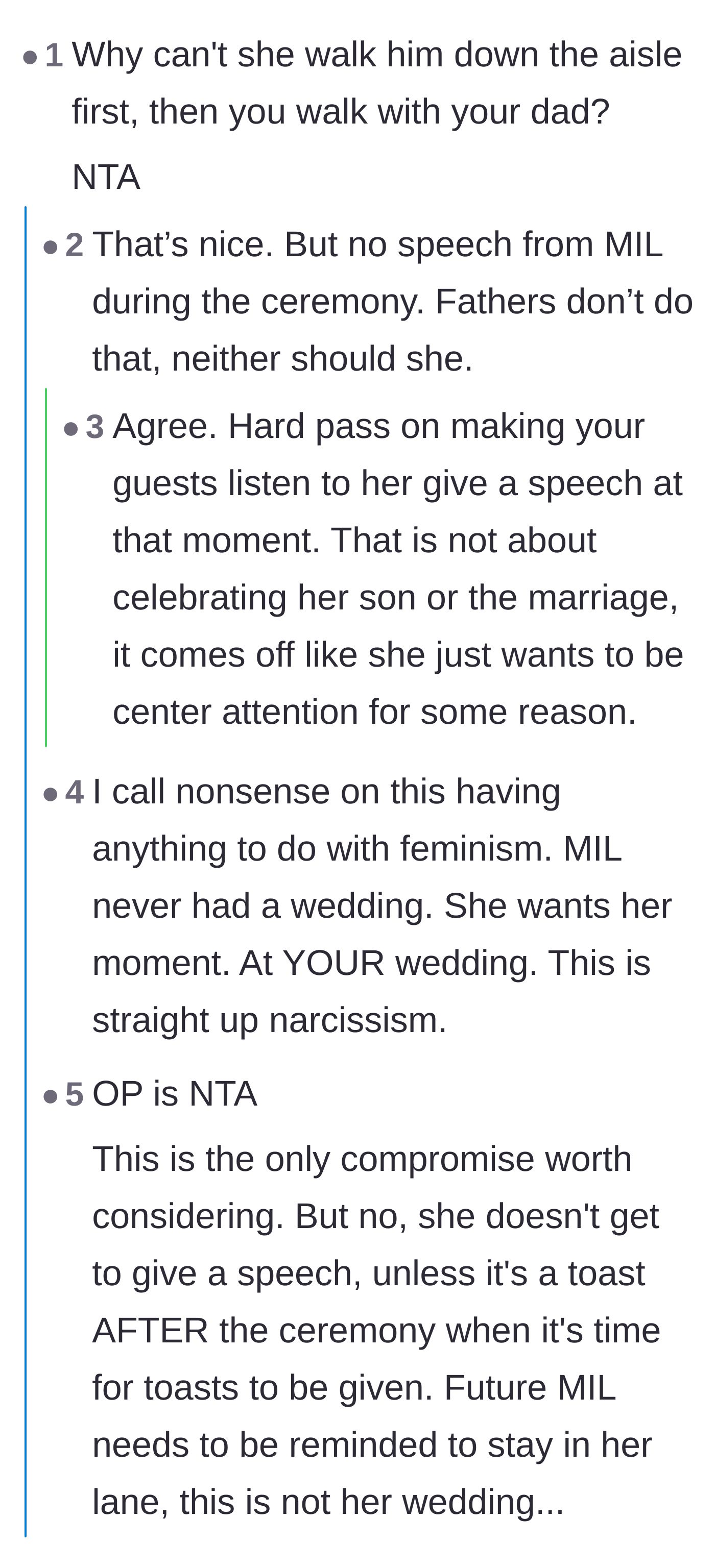 Comment thread 1 - Readers dissect the mother-in-law's true motives, agreeing she just wants to be the center of attention and play the martyr.