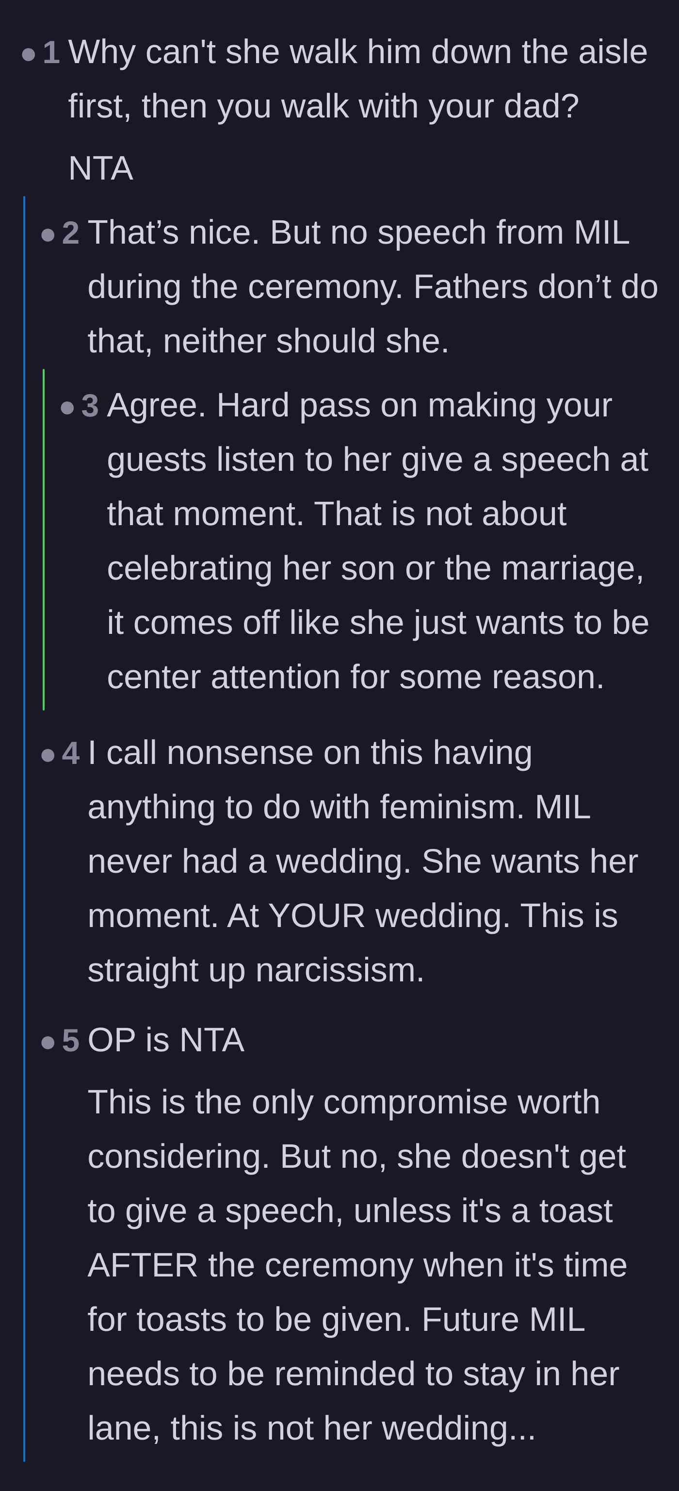 Comment thread 1 - Readers dissect the mother-in-law's true motives, agreeing she just wants to be the center of attention and play the martyr.