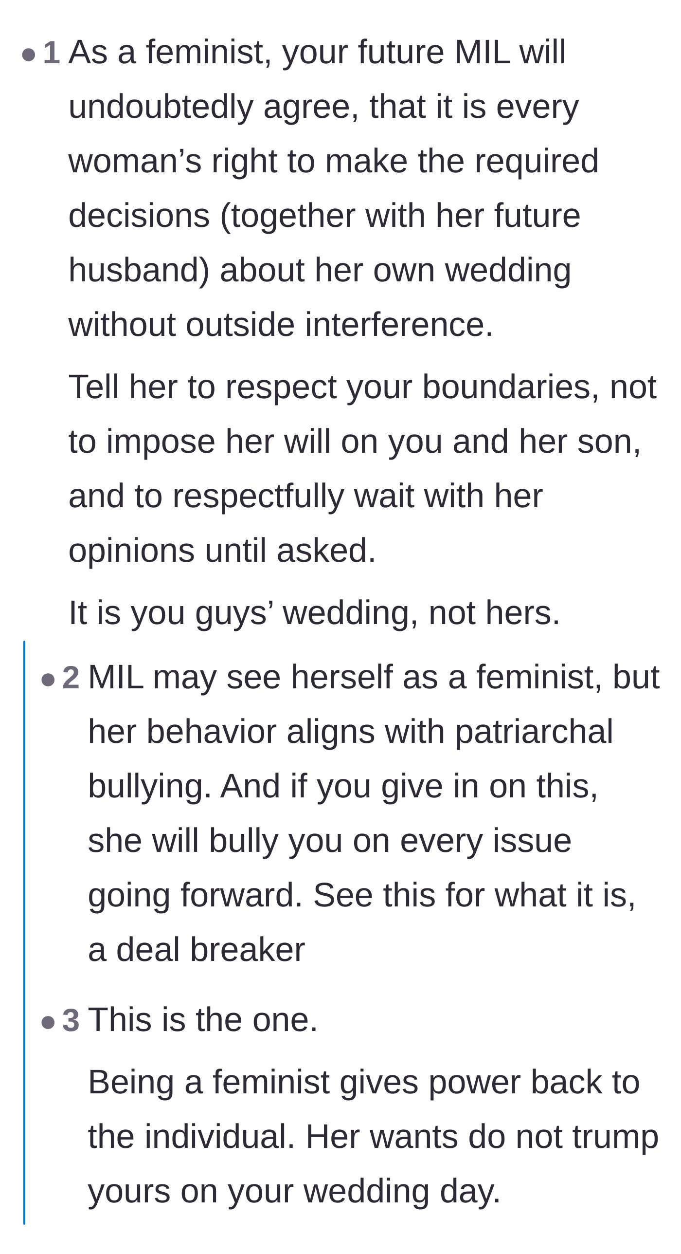 Comment thread 2 - A discussion on how true feminism means respecting the bride's boundaries, calling the mother's behavior patriarchal bullying in disguise.