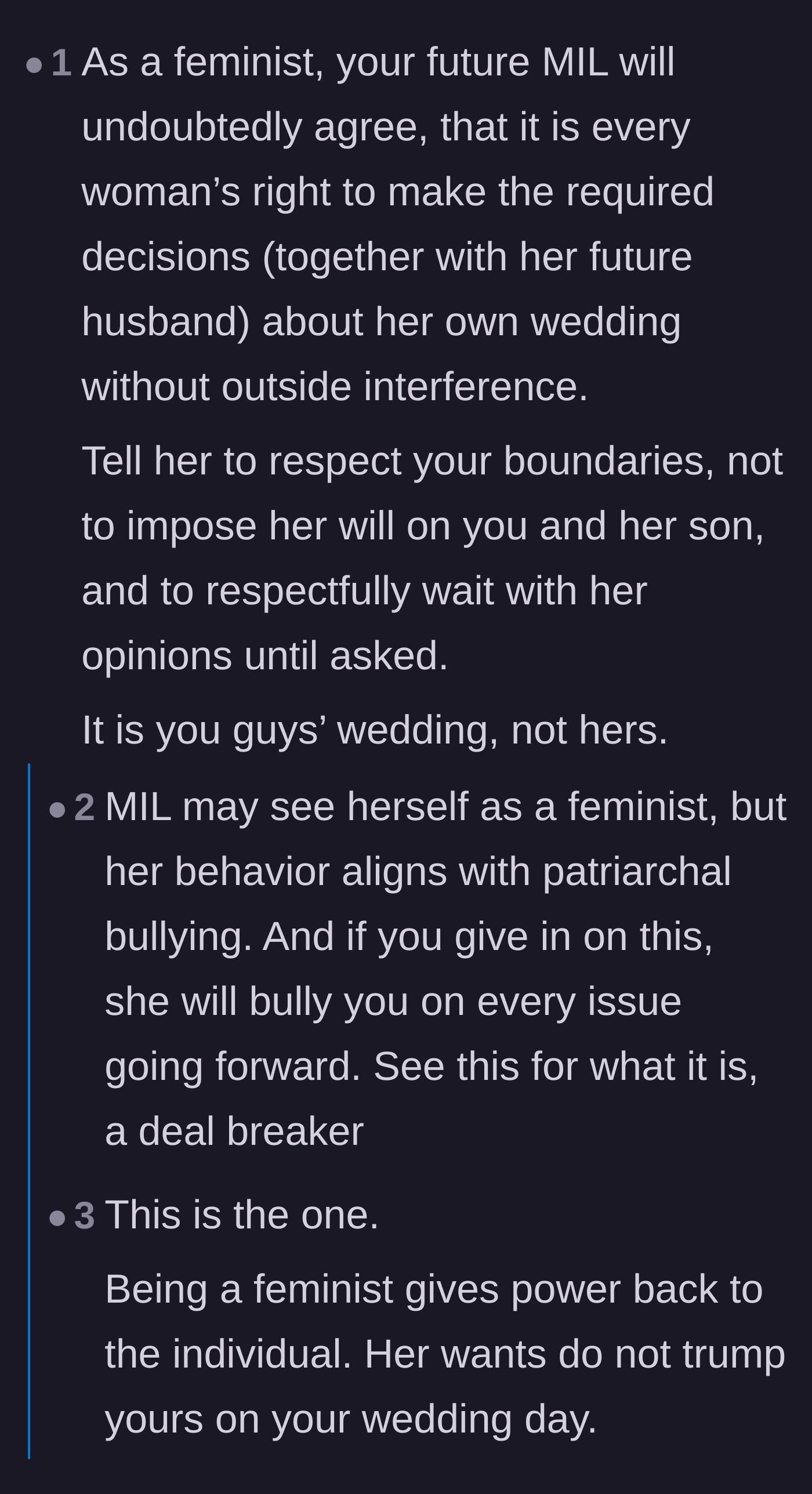 Comment thread 2 - A discussion on how true feminism means respecting the bride's boundaries, calling the mother's behavior patriarchal bullying in disguise.