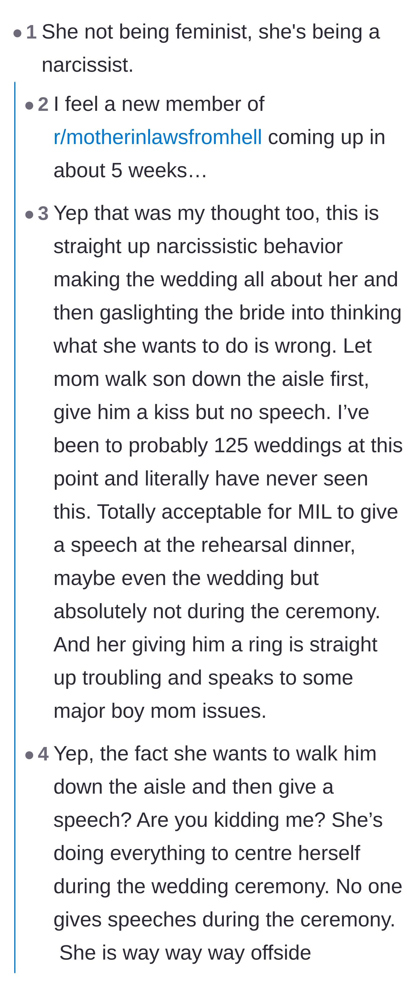 Comment thread 3 - Commenters label the mother-in-law a narcissist with severe 'boy-mom' issues who is trying to center herself.