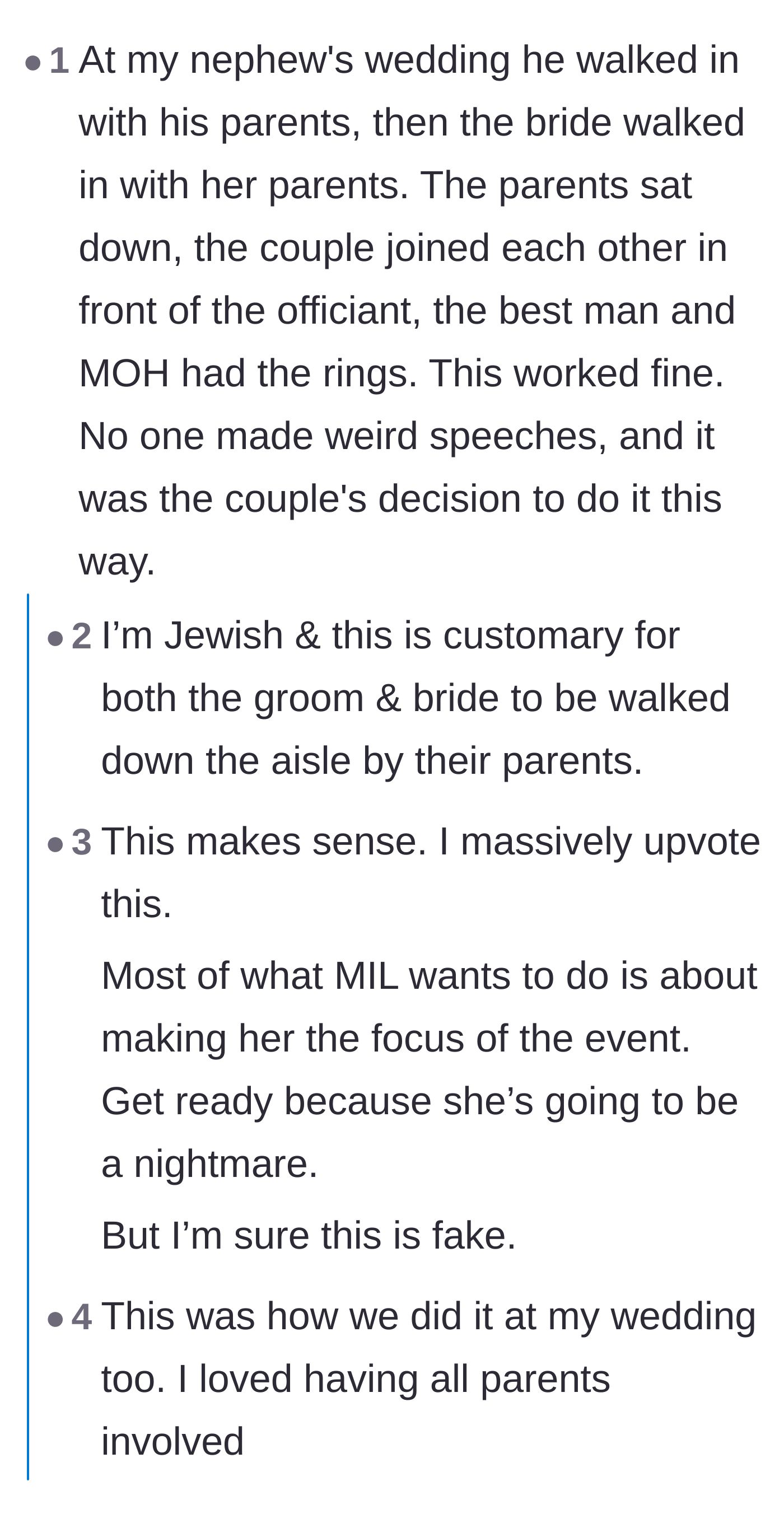 Comment thread 4 - A conversation about Jewish wedding traditions where both parents walk down the aisle, but notably without bizarre mid-ceremony speeches.