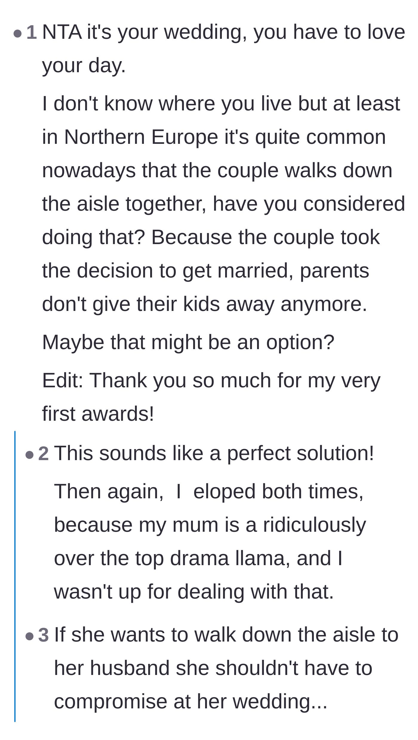 Comment thread 5 - Suggestions from European commenters about the bride and groom simply walking down the aisle together to avoid giving anyone away.