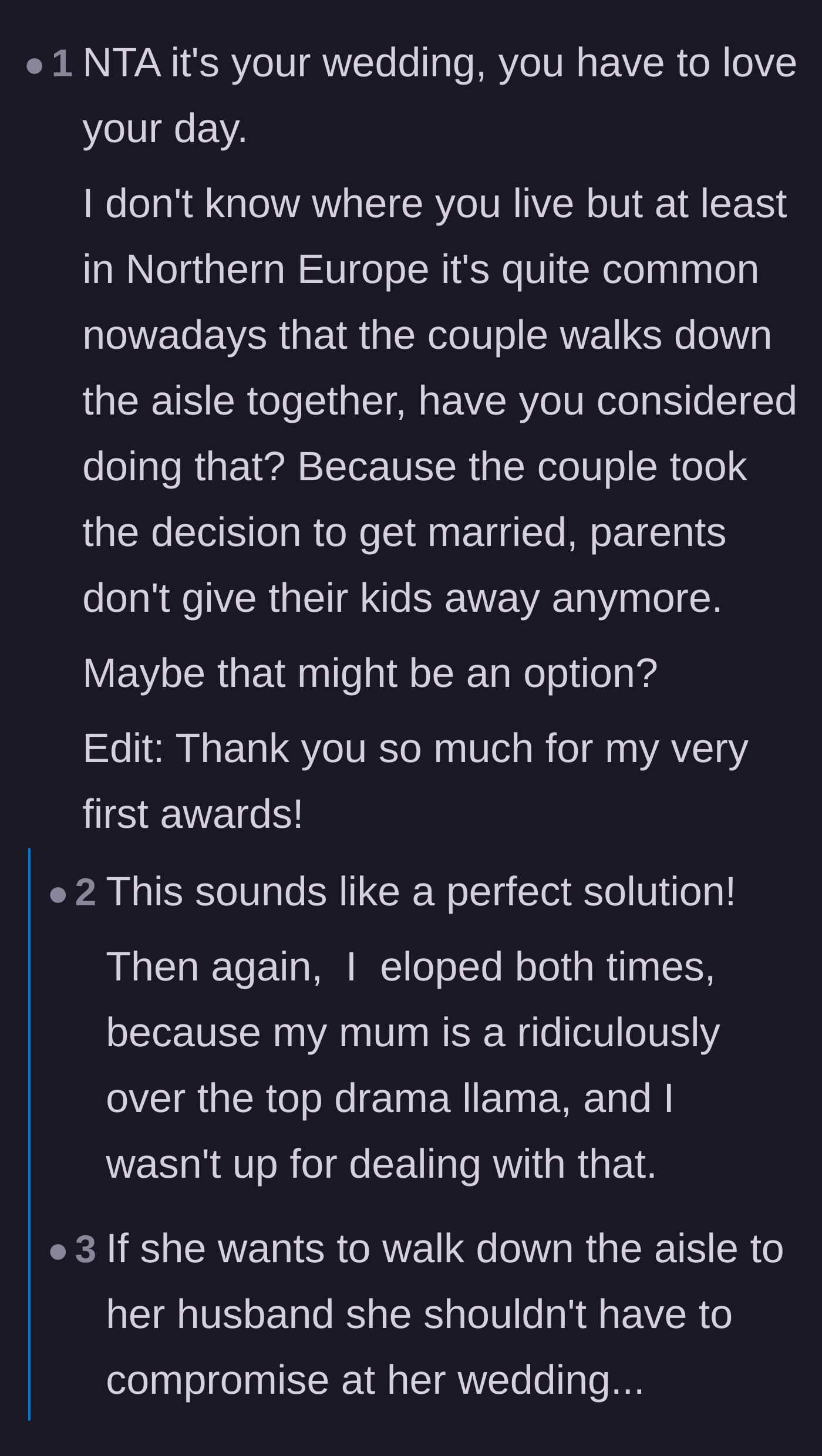 Comment thread 5 - Suggestions from European commenters about the bride and groom simply walking down the aisle together to avoid giving anyone away.