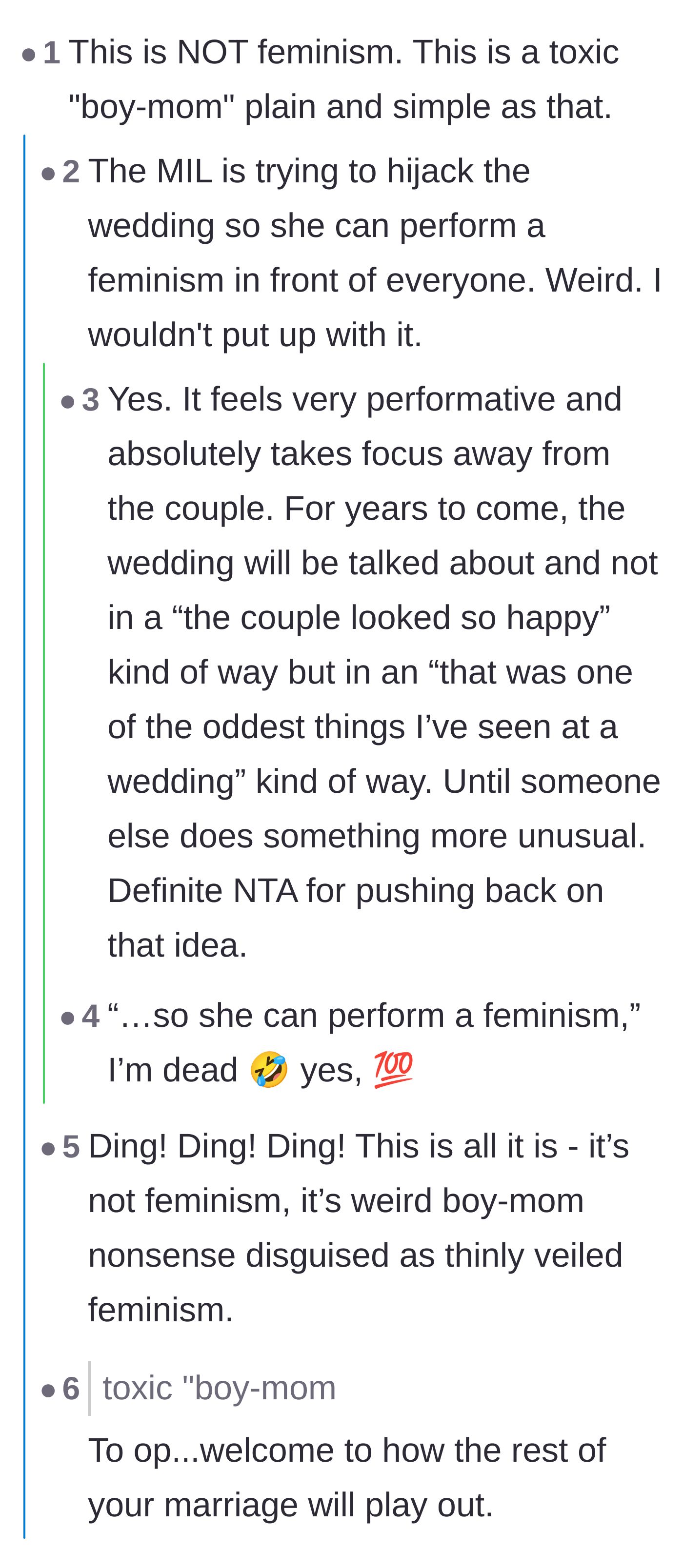 Comment thread 6 - Readers mock the mother for wanting to 'perform a feminism' and warn the bride about her future marriage.