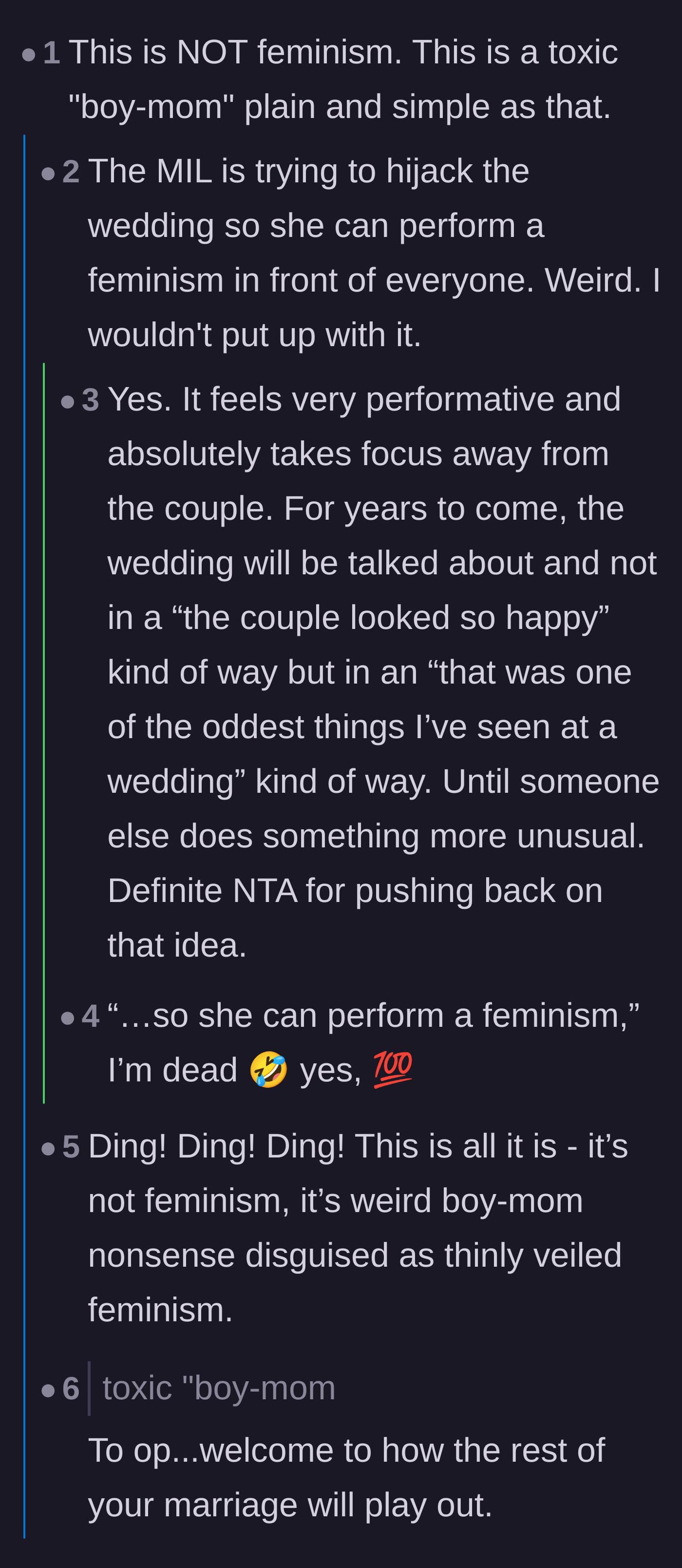 Comment thread 6 - Readers mock the mother for wanting to 'perform a feminism' and warn the bride about her future marriage.