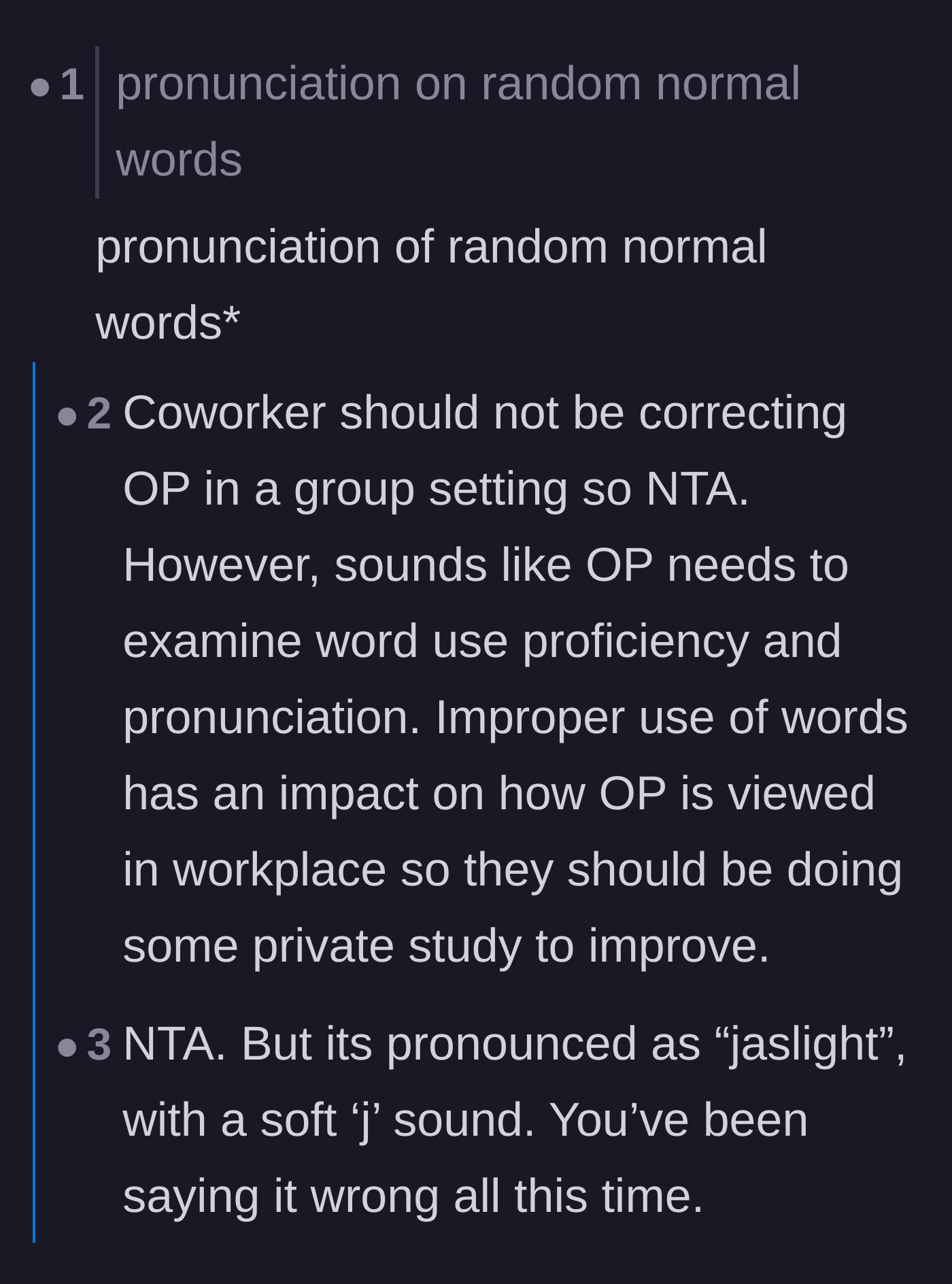 Comment thread 2 - A debate over whether the worker needs private speech improvement or if the coworker is committing a microaggression.