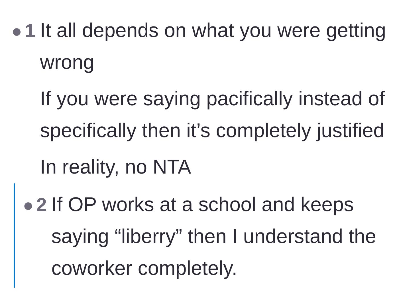 Comment thread 3 - Jokes about common mispronunciations like 'liberry' and a debate on the proper time and place for constructive feedback.