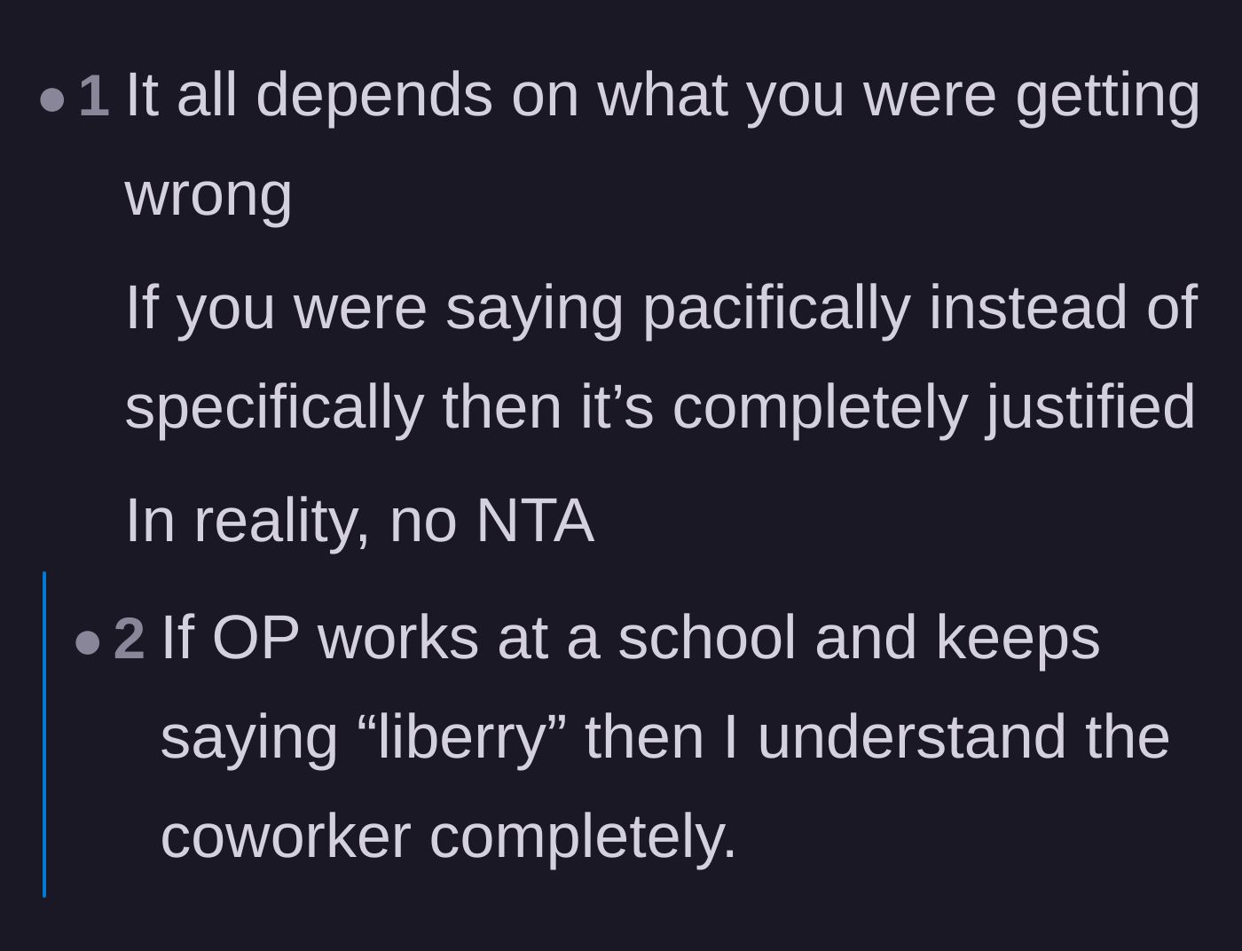 Comment thread 3 - Jokes about common mispronunciations like 'liberry' and a debate on the proper time and place for constructive feedback.
