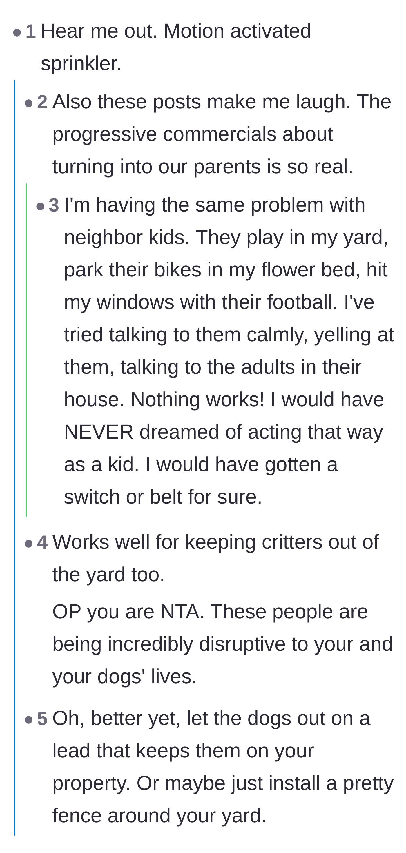 Comment thread 1 - A discussion about upgrading to motion-activated sprinklers and the relatable humor of turning into grumpy adults.