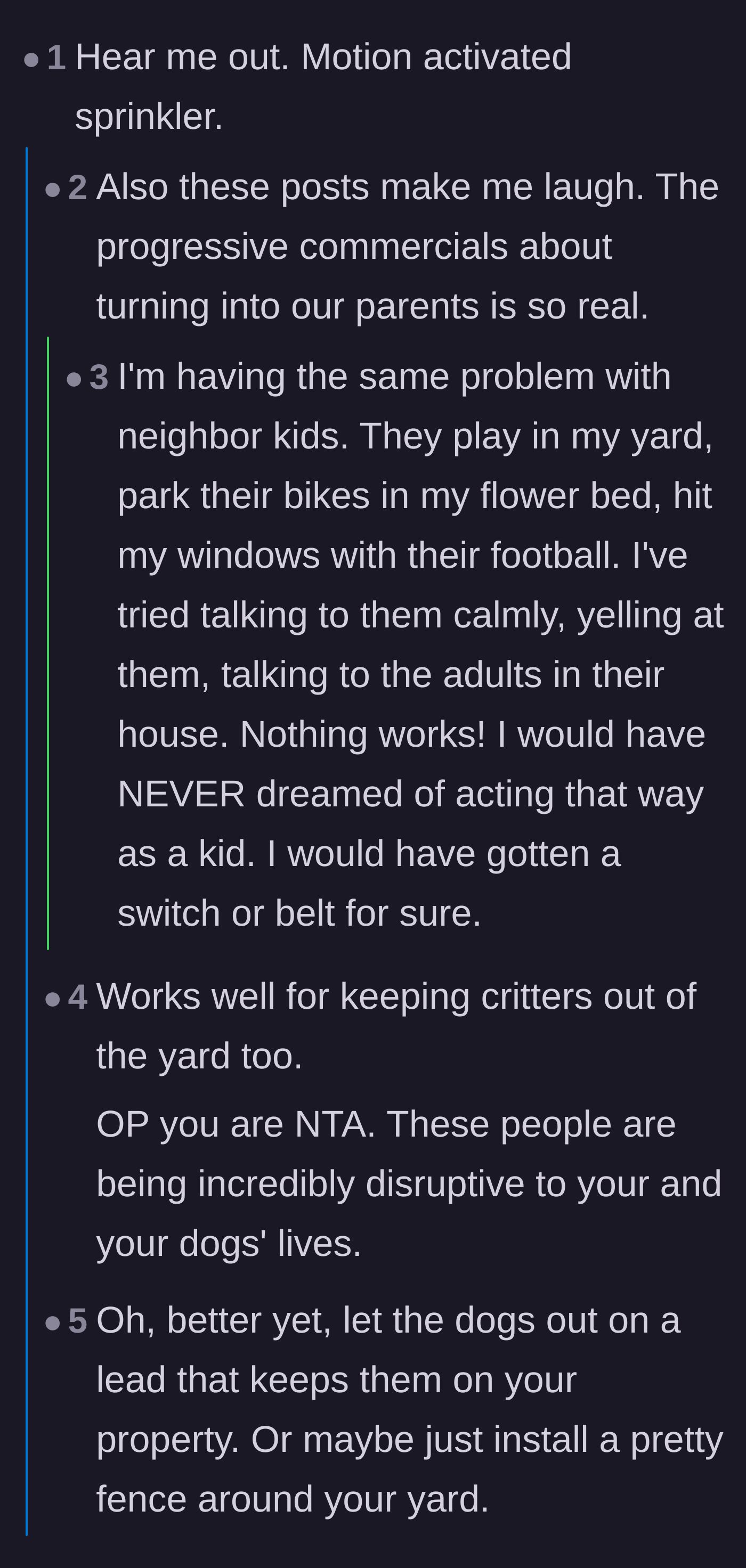 Comment thread 1 - A discussion about upgrading to motion-activated sprinklers and the relatable humor of turning into grumpy adults.