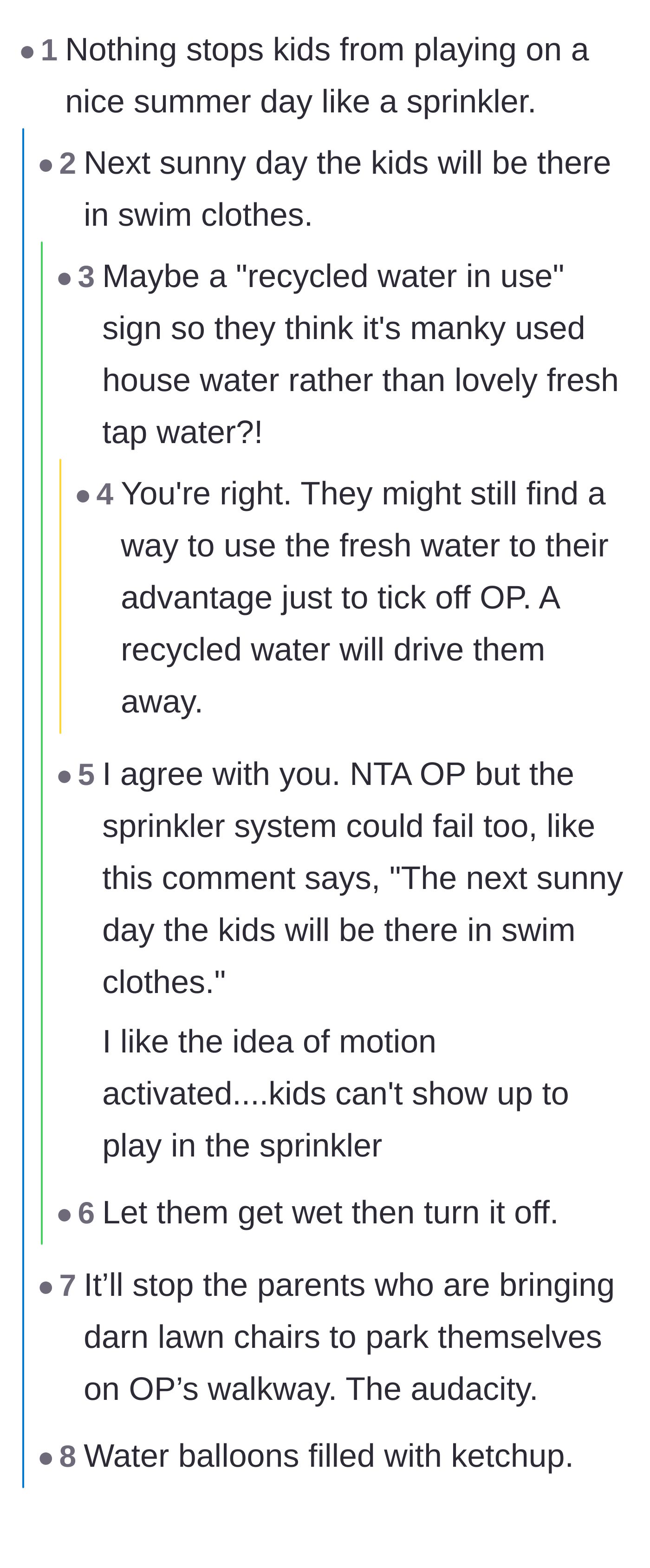 Comment thread 2 - Strategizing on how to prevent the kids from enjoying the sprinkler water, including fake recycled water signs.