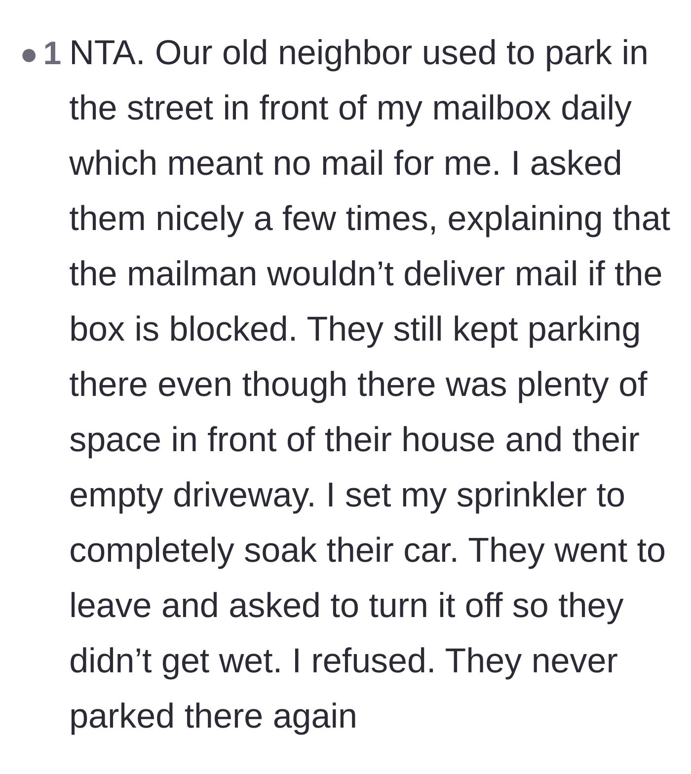 Comment thread 3 - A reader shares a personal victory story of using a sprinkler to stop a neighbor from blocking their mailbox.