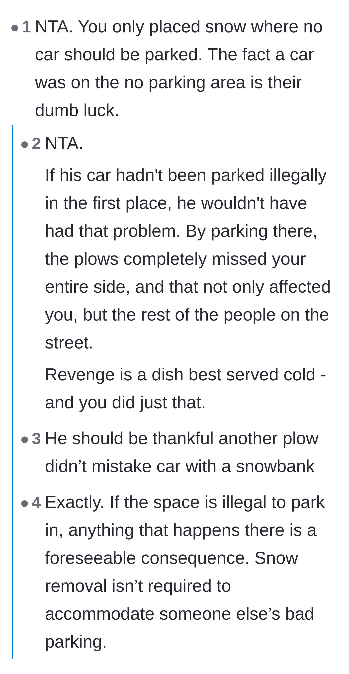Comment thread 1 - Readers agreeing that placing snow in a no-parking zone is completely justified and framing it as a natural consequence.