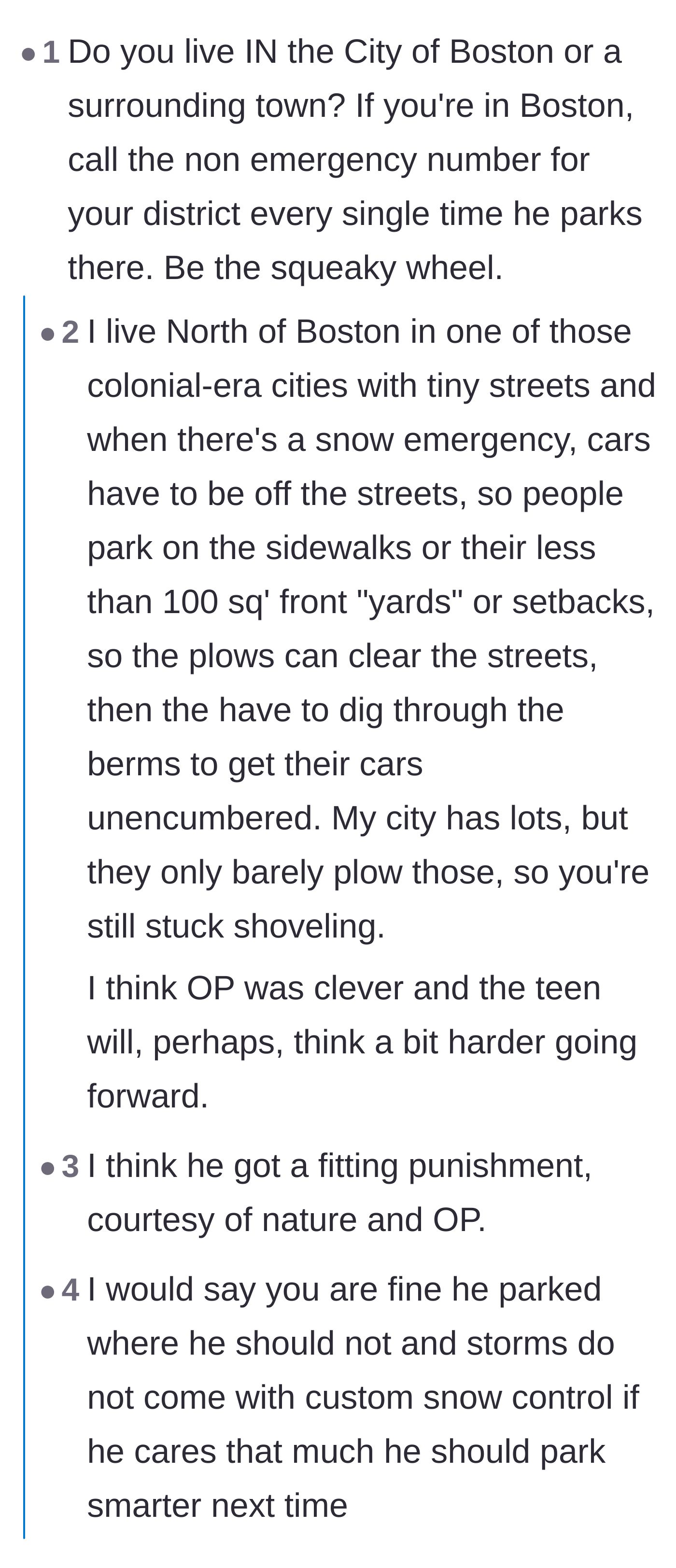 Comment thread 2 - A discussion about Boston winter parking realities and advising the homeowner to relentlessly report the illegal parking.