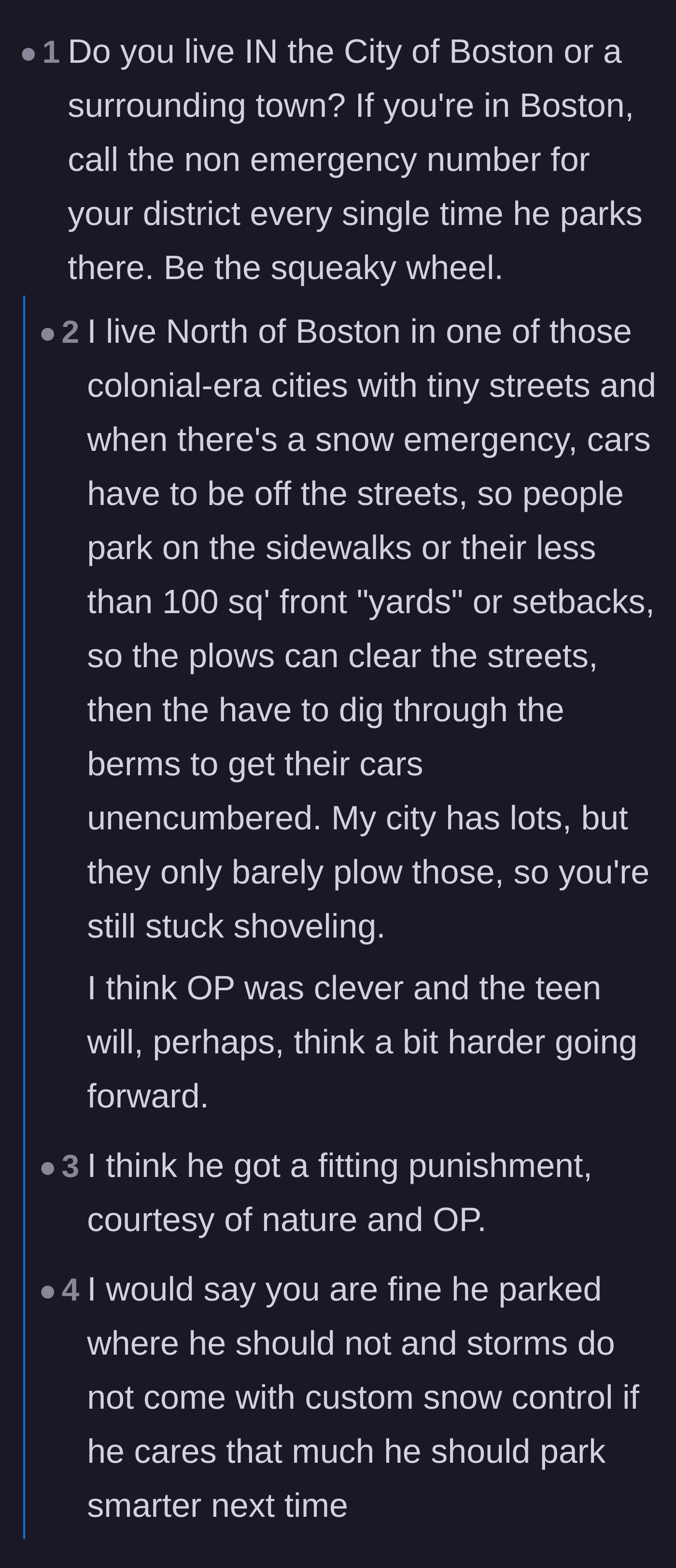 Comment thread 2 - A discussion about Boston winter parking realities and advising the homeowner to relentlessly report the illegal parking.
