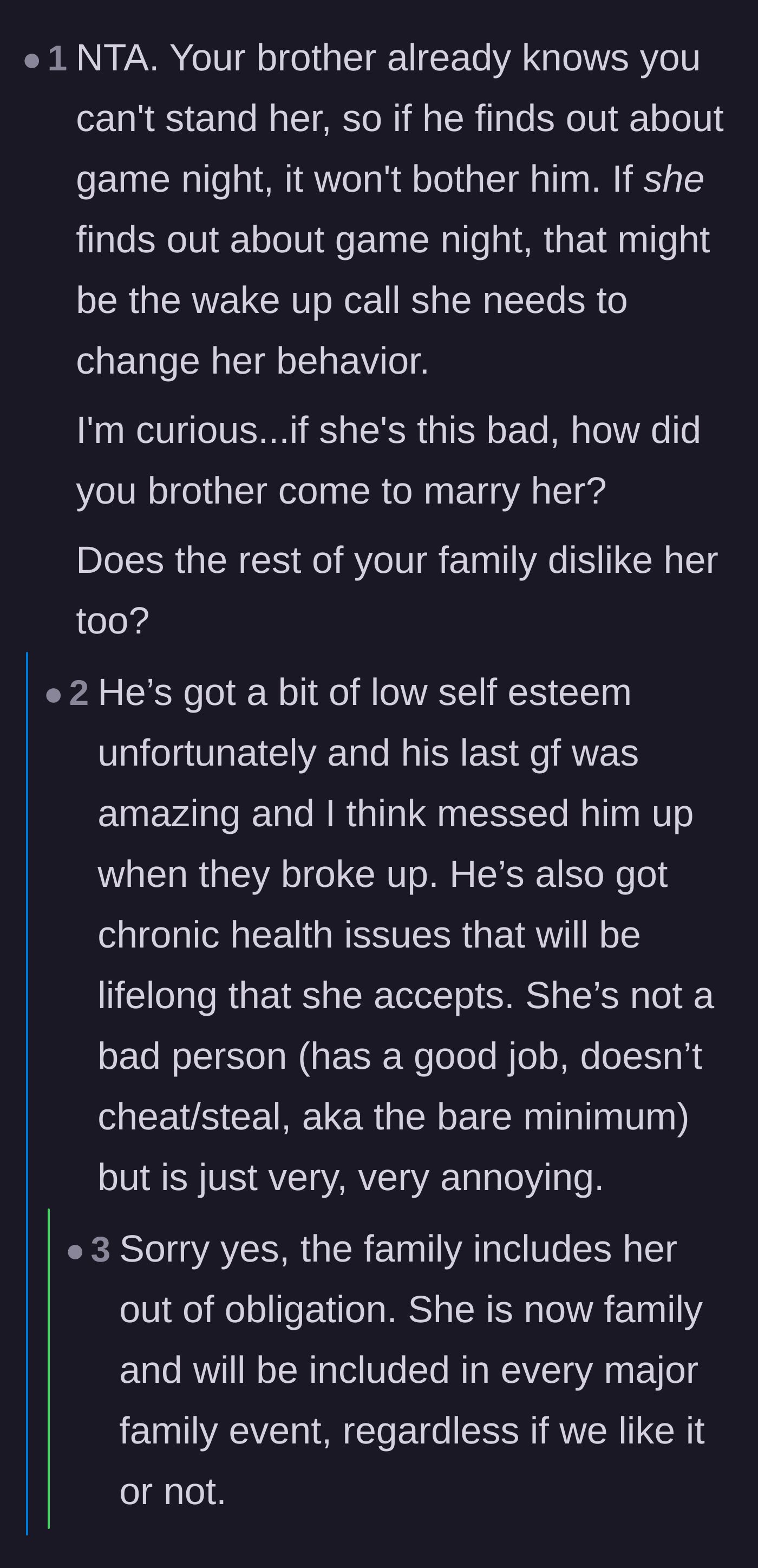 Comment thread 3 - The original poster admits her brother settles due to low self-esteem, sparking fierce debate about family obligations.