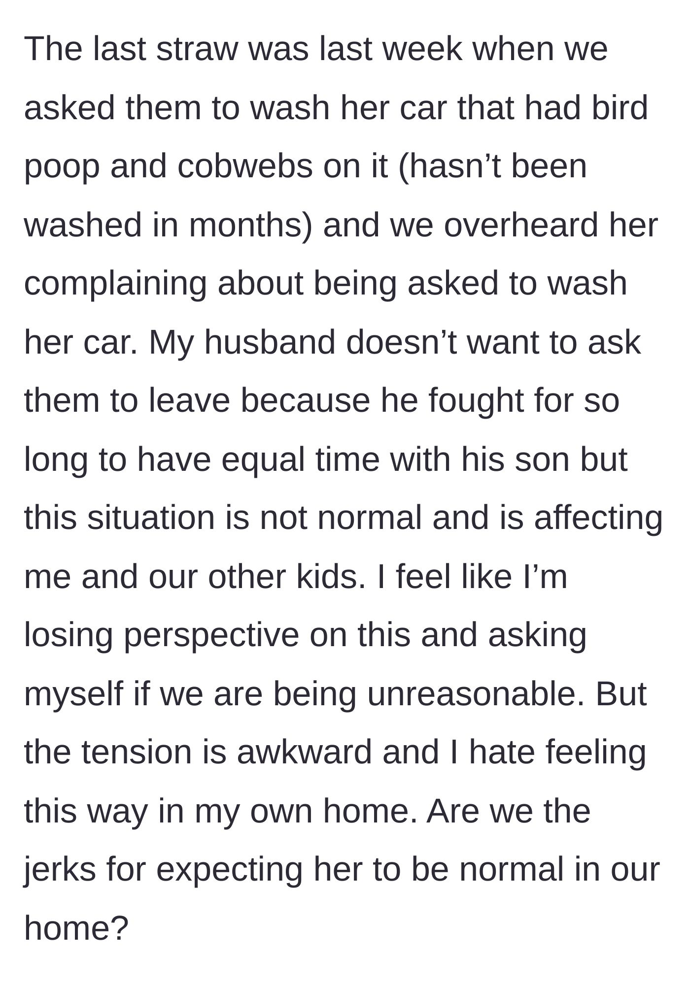 Story part 5 - The parents ask the couple to wash the girlfriend's dirty car, leading to complaints and a tense household.