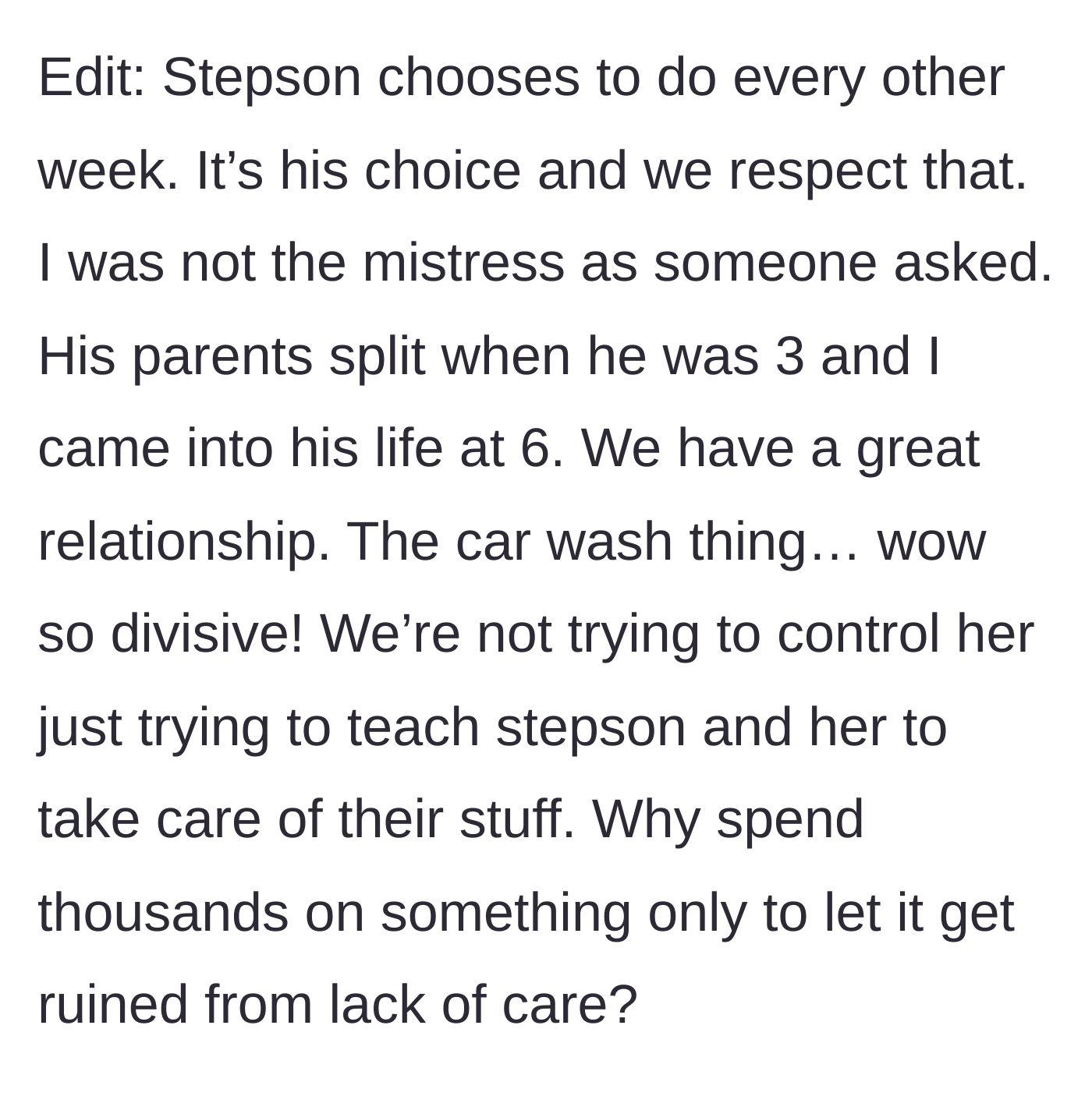 Story part 6 - The stepmom clarifies her history with the family and defends the request to wash the car as teaching responsibility.