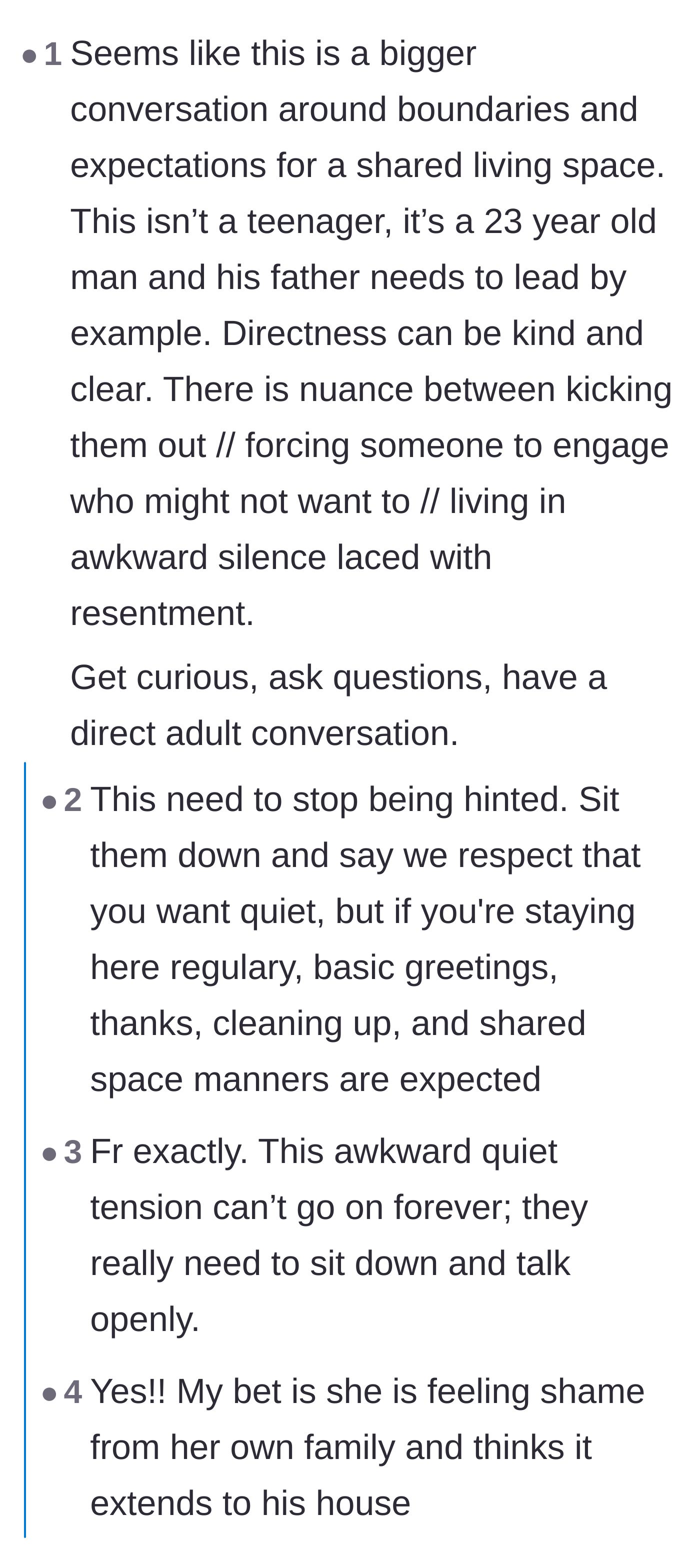 Comment thread 1 - Readers debating if the girlfriend needs a direct conversation about house rules instead of just receiving subtle hints.