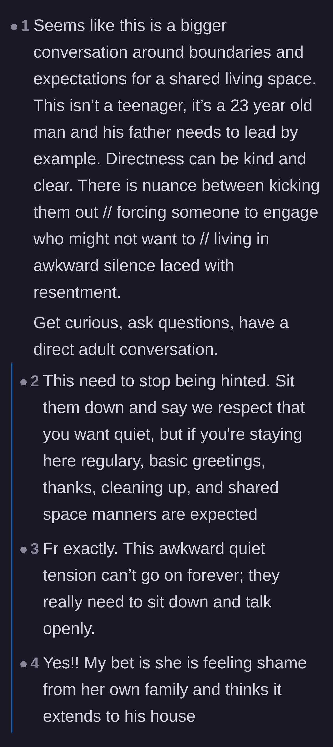 Comment thread 1 - Readers debating if the girlfriend needs a direct conversation about house rules instead of just receiving subtle hints.