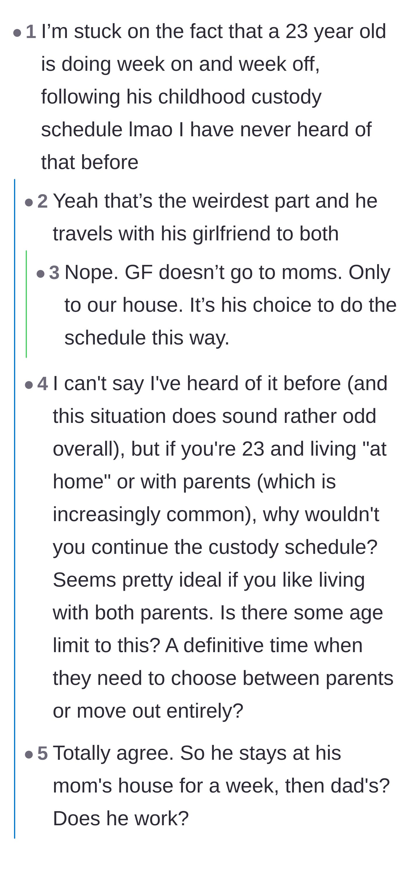 Comment thread 2 - Commenters expressing absolute confusion over a 23-year-old man still following his childhood week-on, week-off custody schedule.