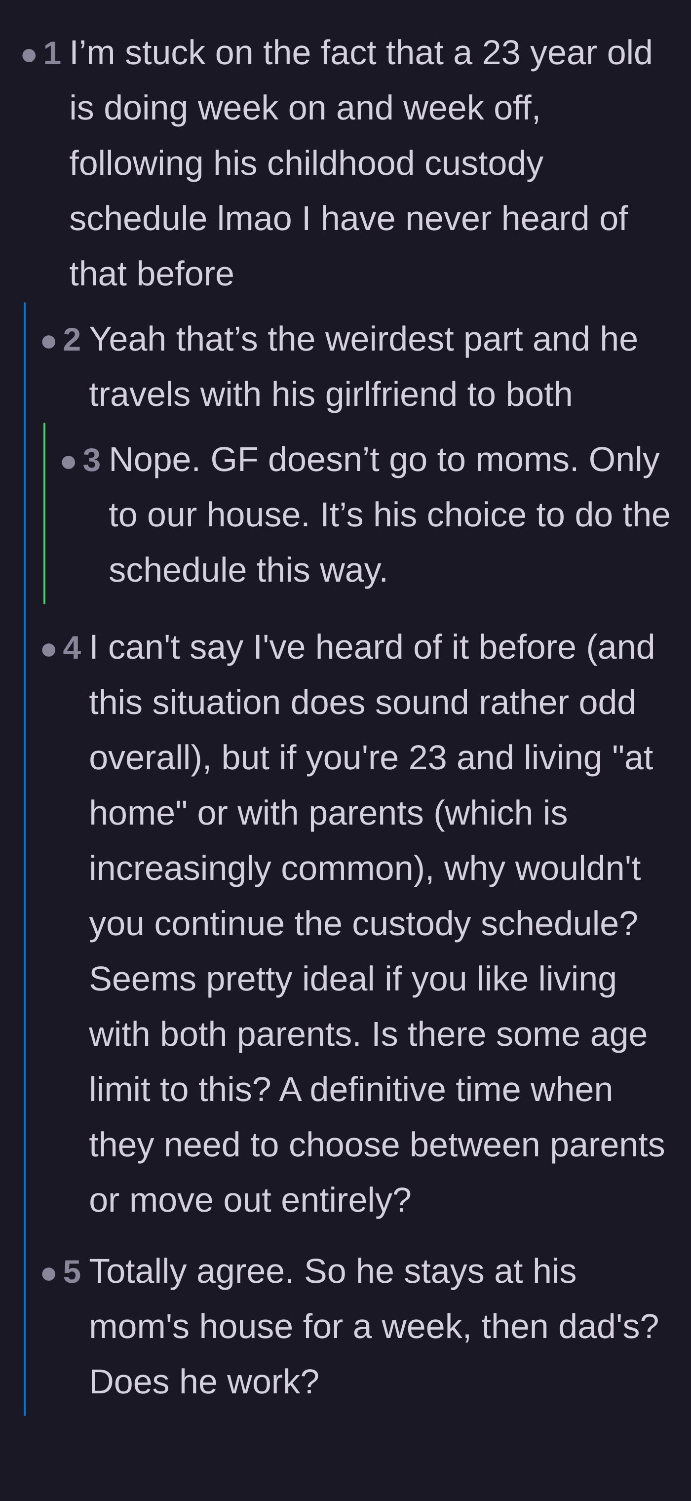 Comment thread 2 - Commenters expressing absolute confusion over a 23-year-old man still following his childhood week-on, week-off custody schedule.