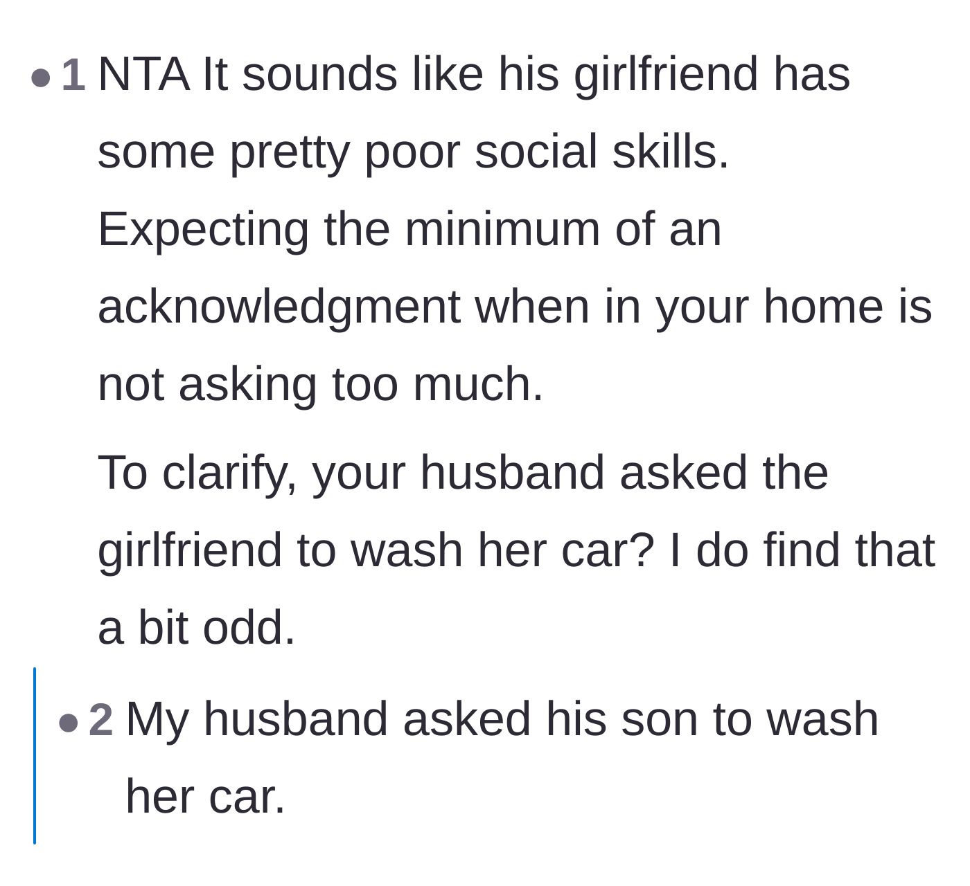 Comment thread 3 - A fiery debate over whether it was controlling or completely reasonable for the parents to ask the girlfriend to wash her filthy car.
