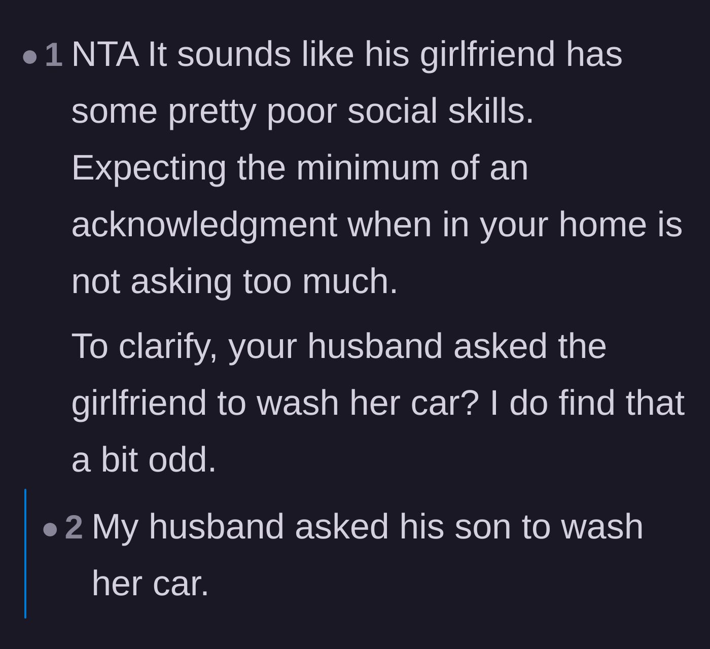 Comment thread 3 - A fiery debate over whether it was controlling or completely reasonable for the parents to ask the girlfriend to wash her filthy car.