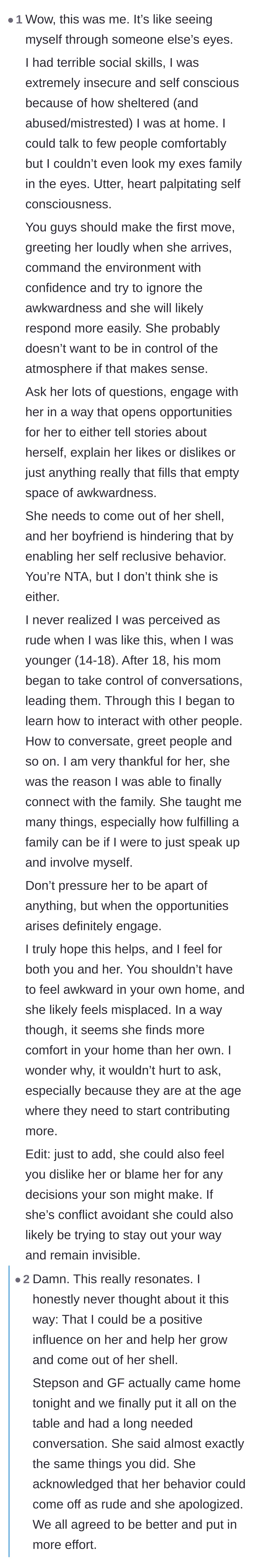 Comment thread 4 - A commenter shares their past experience with severe social anxiety, prompting an update from the stepmom that they finally talked it out.