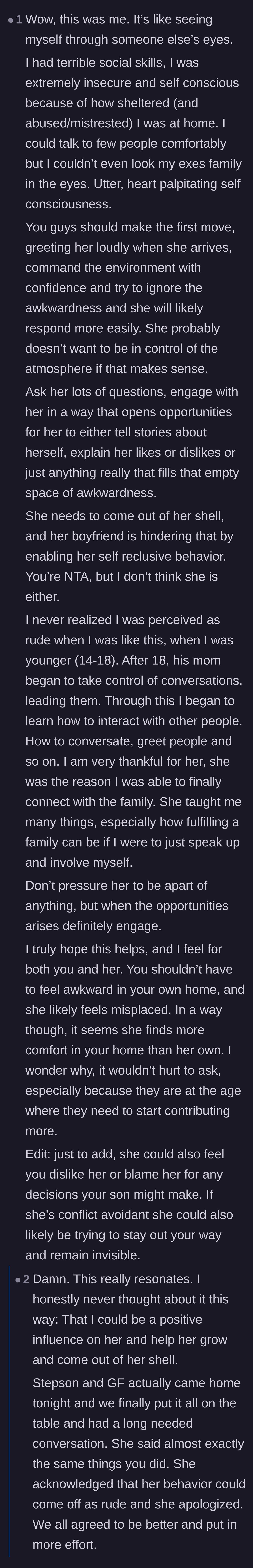 Comment thread 4 - A commenter shares their past experience with severe social anxiety, prompting an update from the stepmom that they finally talked it out.